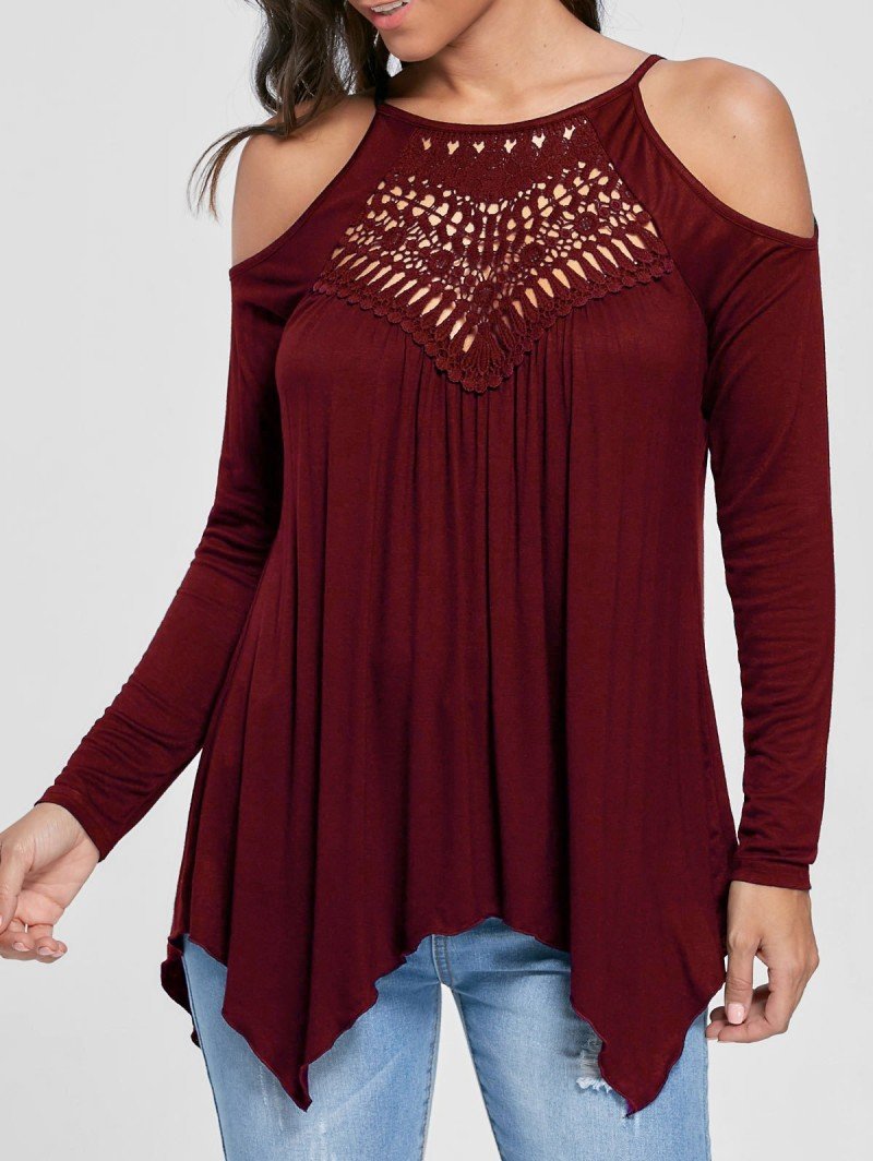 Solid Patchwork Lace Cold Shoulder Long Sleeves Tops