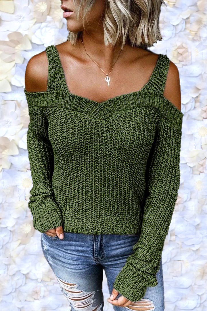 Casual Sling Strapless Solid Color Long Sleeve Sweater