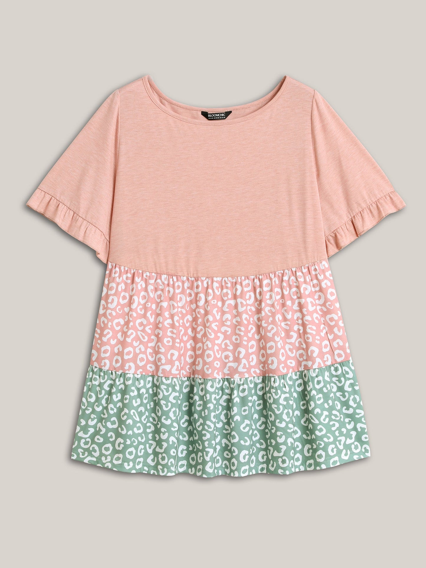 Spliced Printed Tiered Ruffled Sleeve T-Shirt