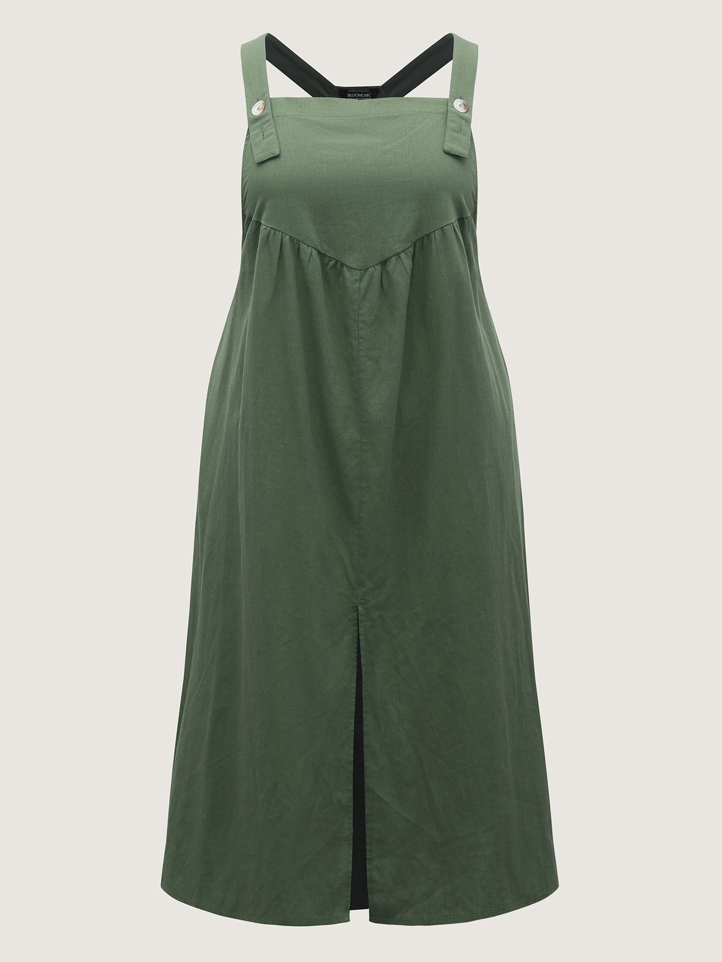 Overall Straps Front Slit Pockets Midi Dress