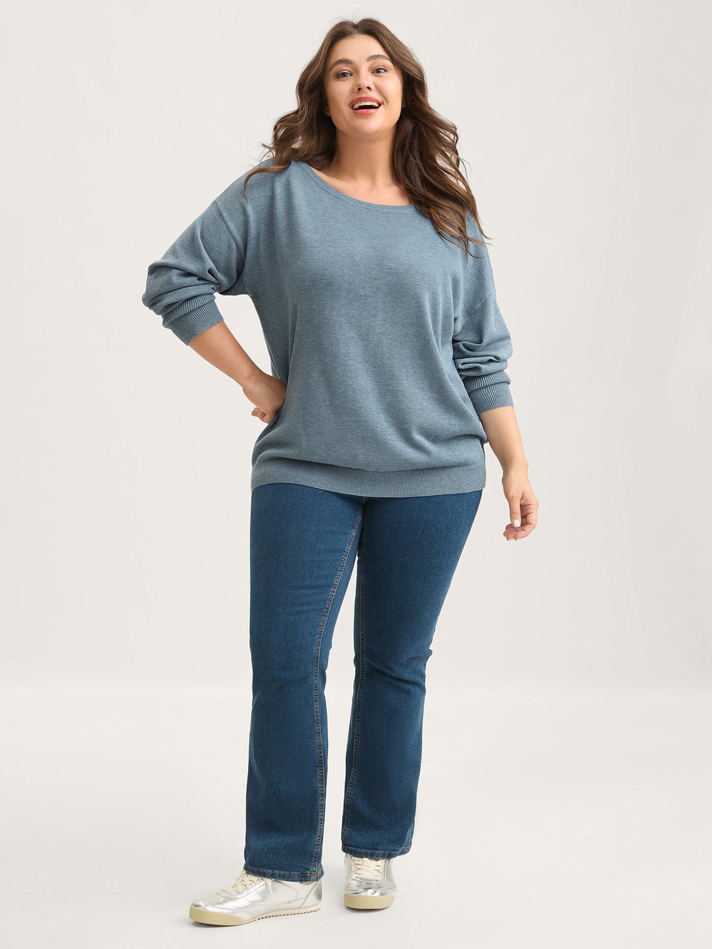 Drop Shoulder Solid Ribbed Pullover
