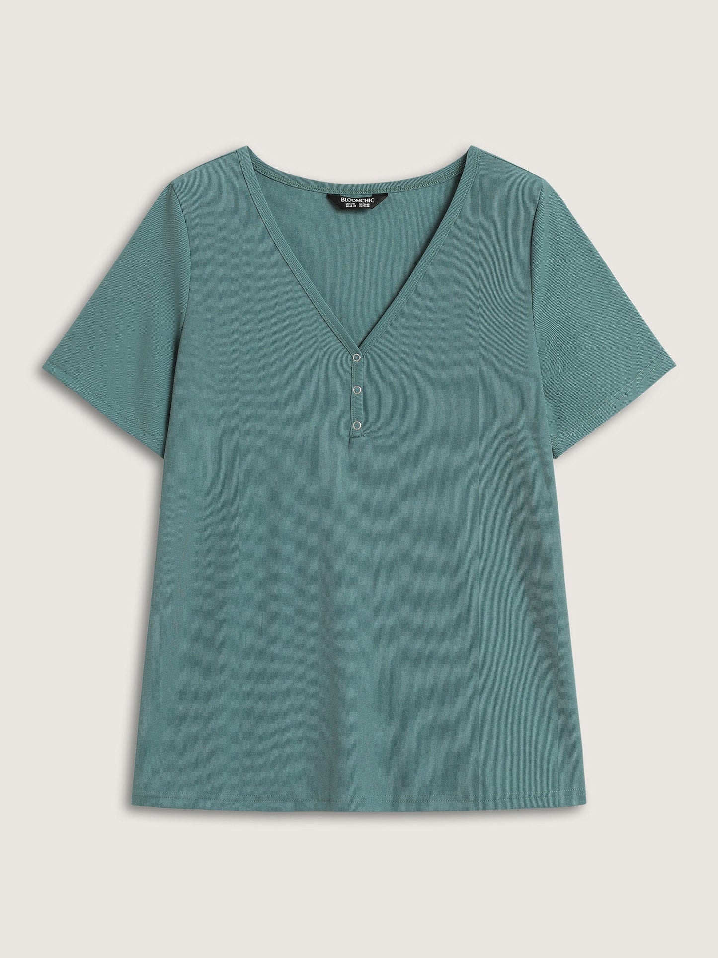 Ribbed Button V-Neck Knit T-Shirt