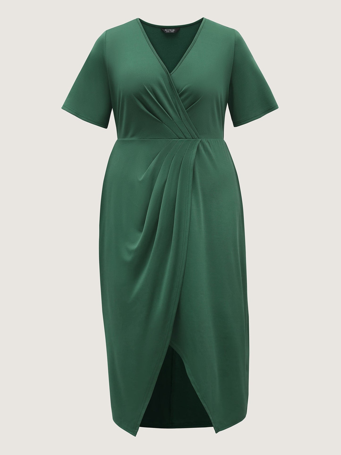 Wrap Gathered Solid Surplice Midi Dress