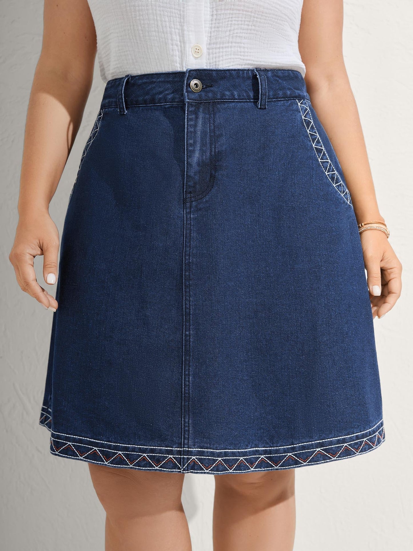 Geometric Embroidered Hem Mini Denim Skirt