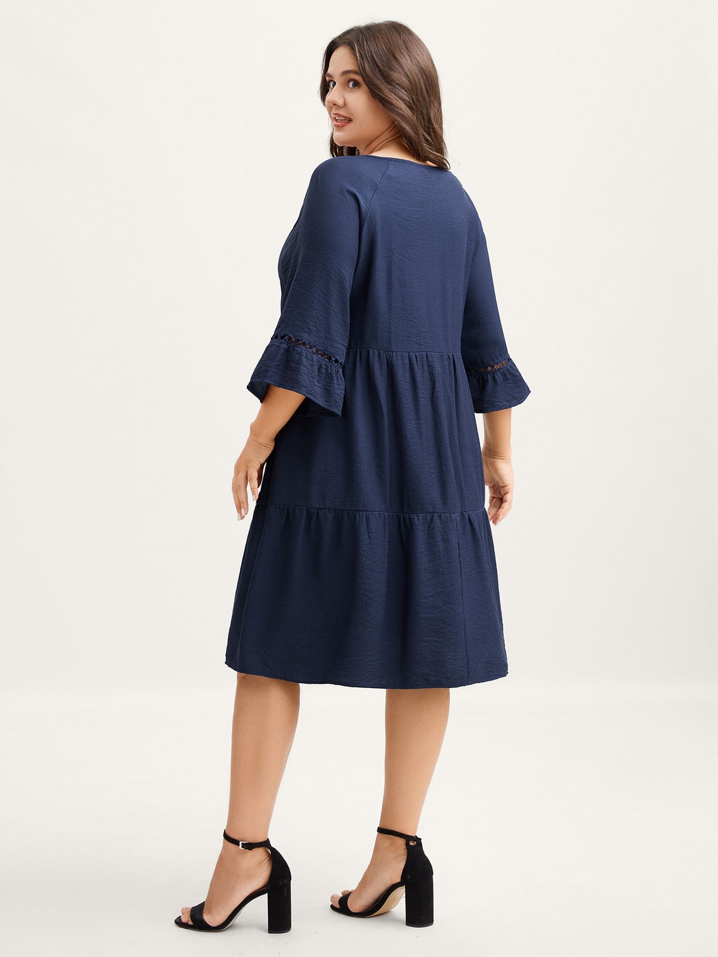 Button Front Lace Trim Pockets Midi Dress