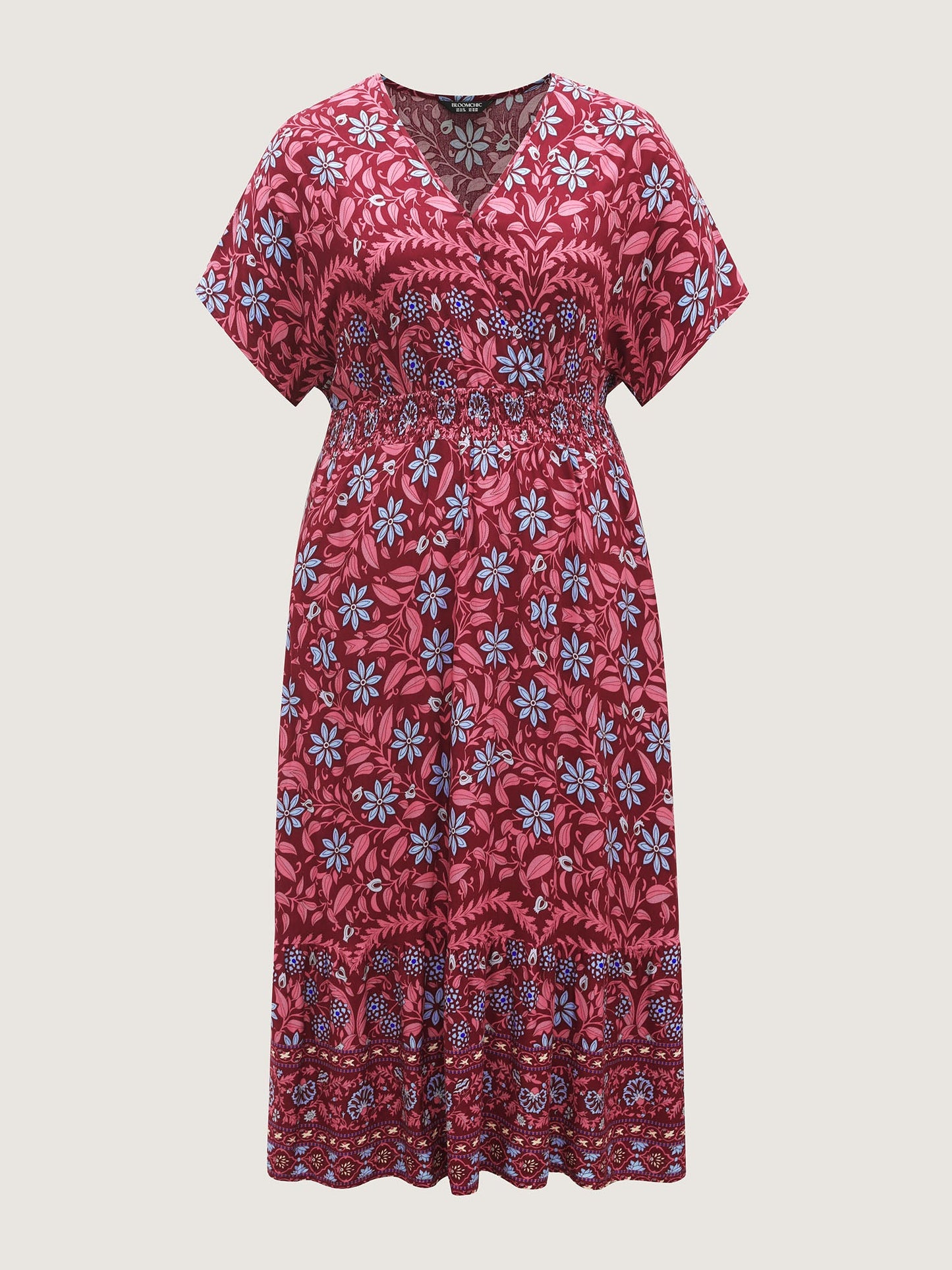 Rayon Boho Floral Shirred Waist Midi Dress