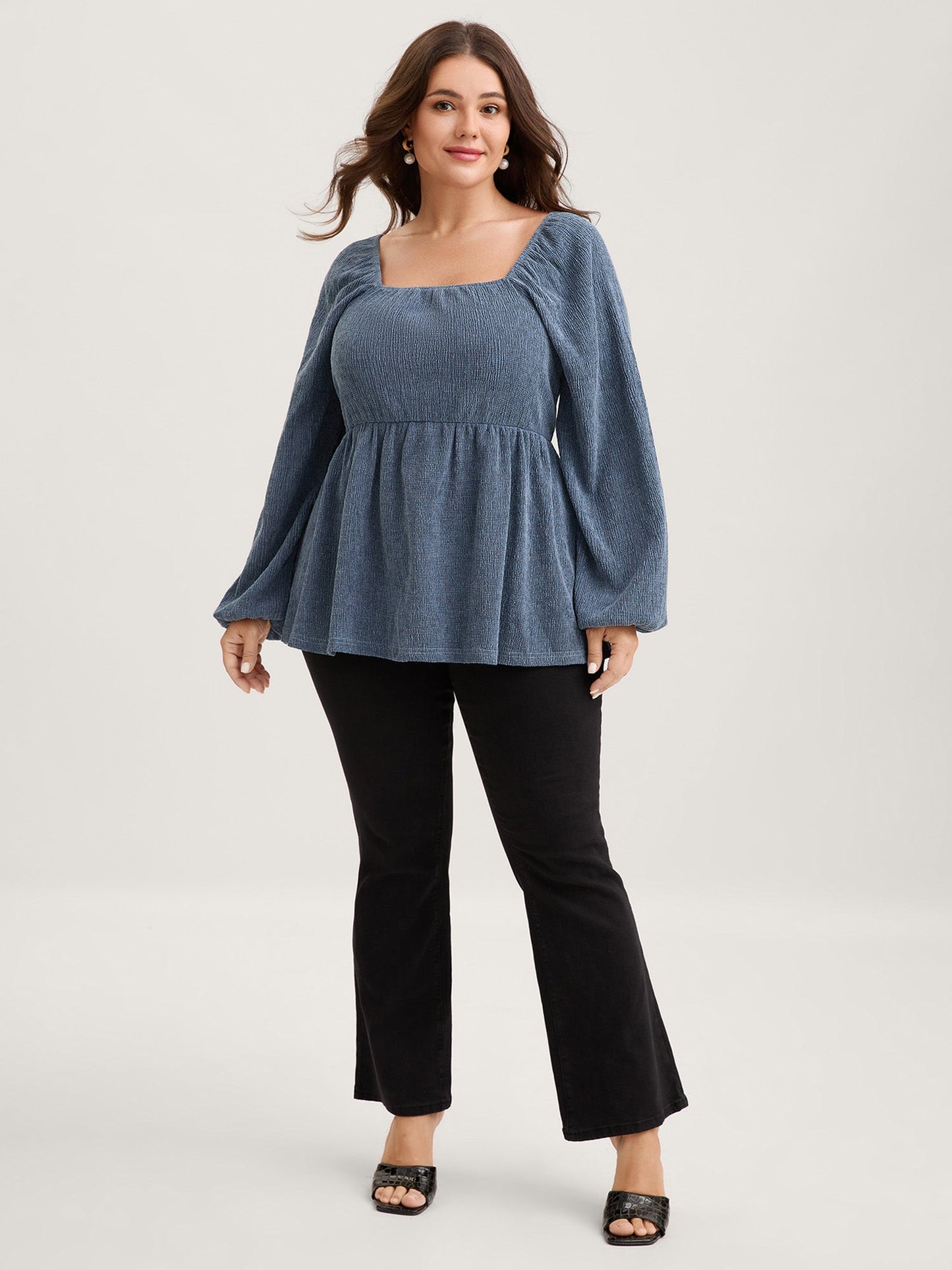 Ribbed Gathered Square Neck Knit Top