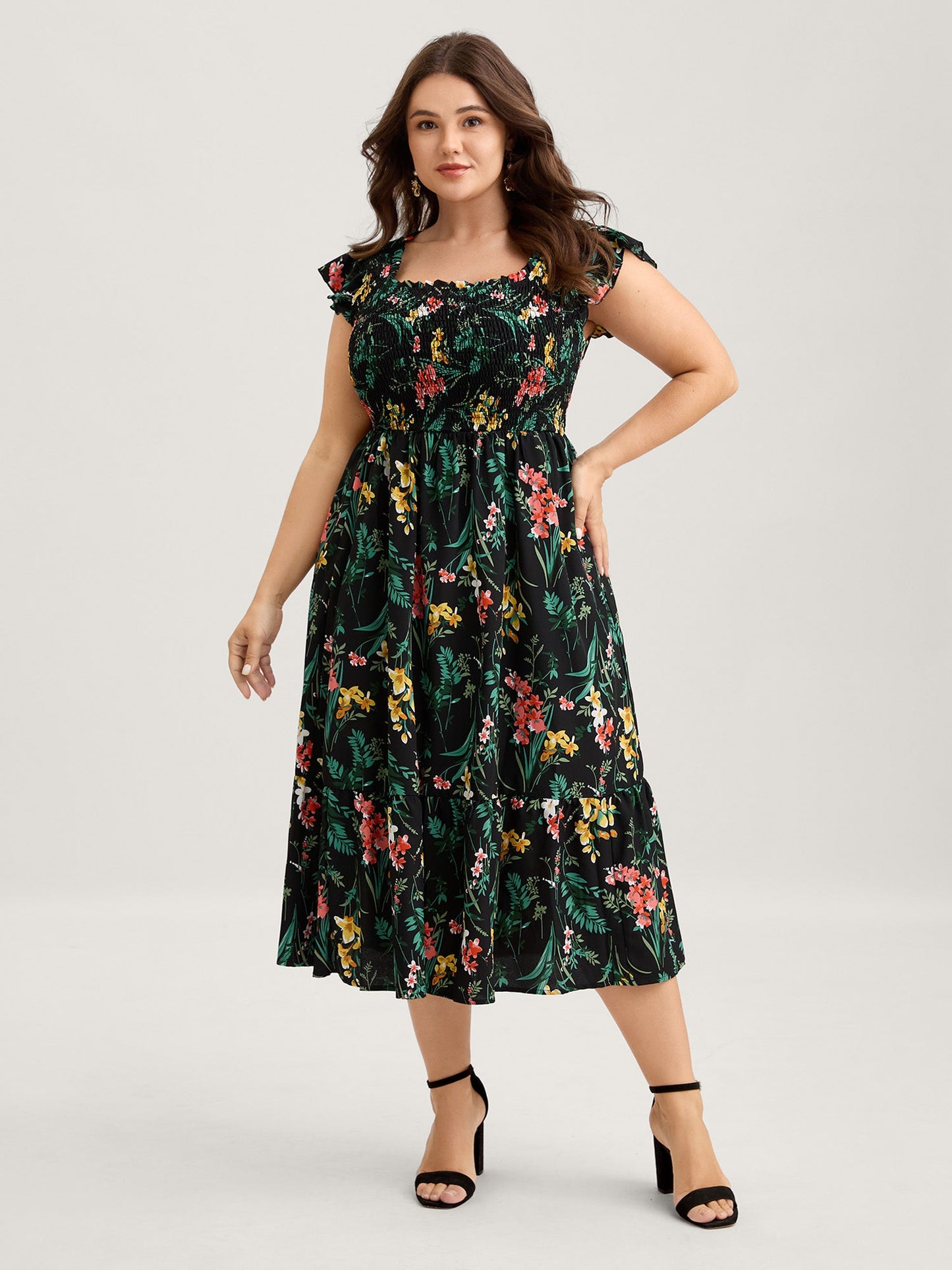 Botanical Print Shirred Bodice Midi Dress