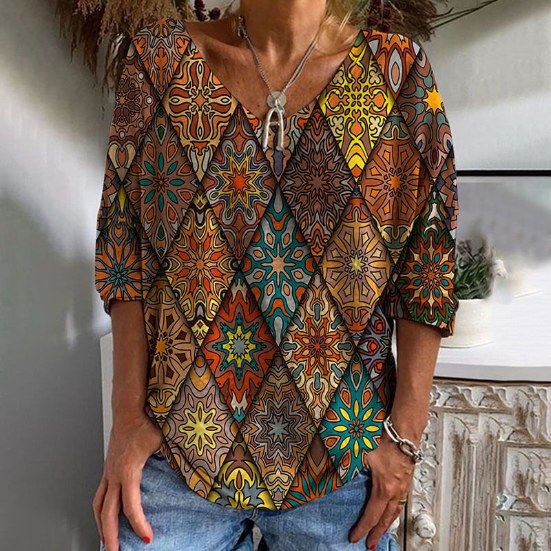 Casual V Neck Mid Sleeve Loose Pullover Retro Print Women's T-Shirt