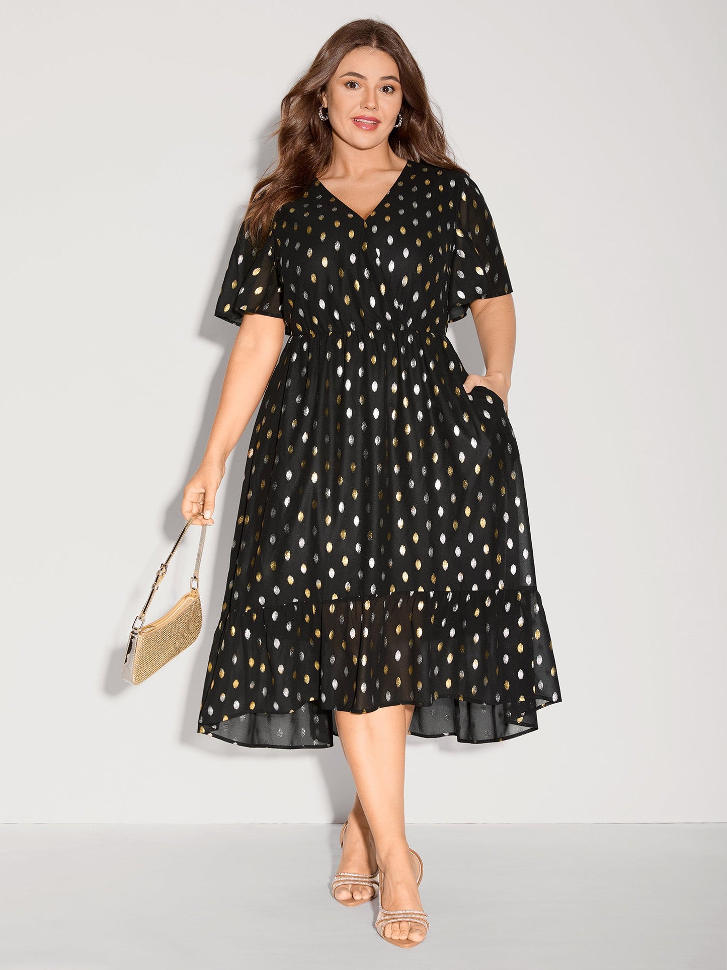 Sheer Polka Dots Wrap Midi Dress