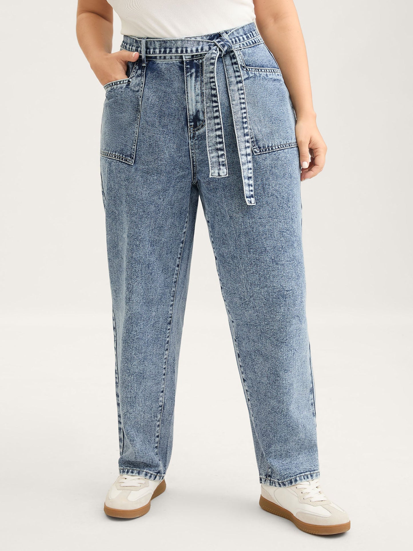 Waist Belted Pockets Boyfriend Jeans