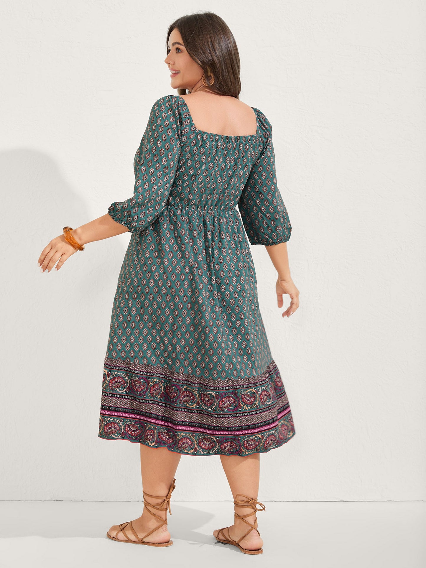 Paisley Print Shirred Bodice Midi Dress