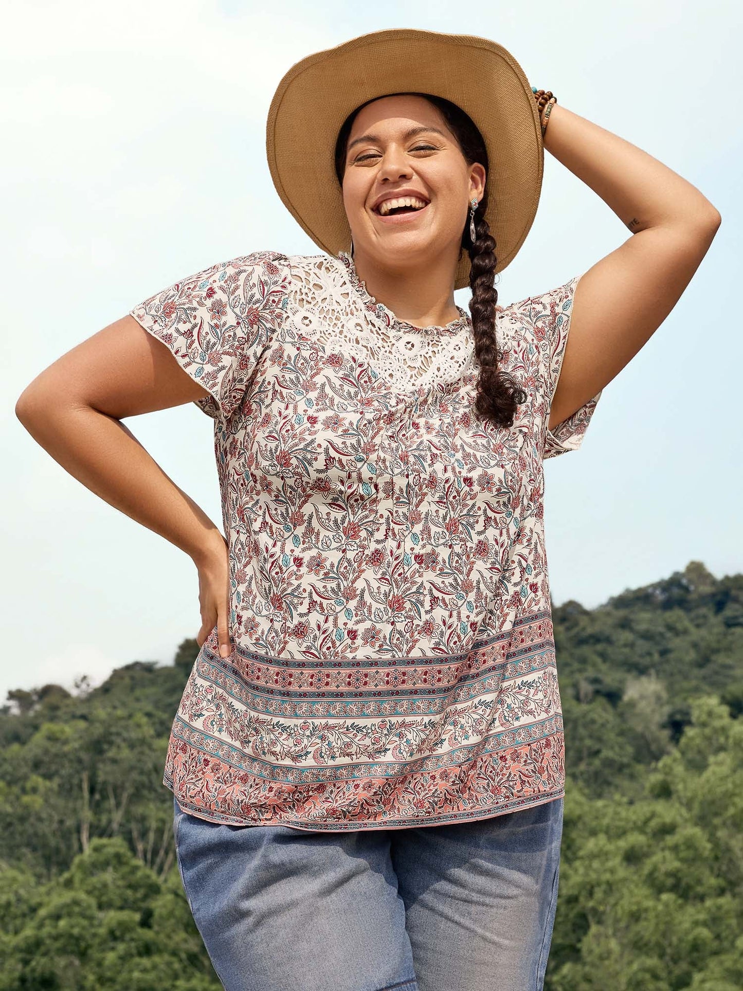 Sheer Lace Ruffled Neck Floral Blouse