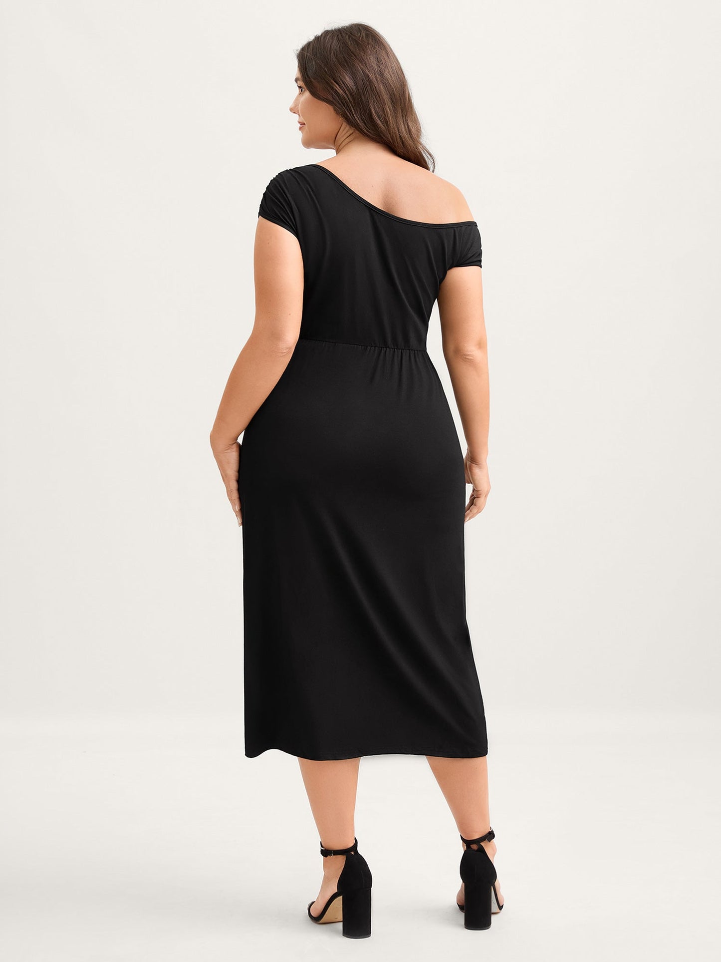 One Shoulder Ruched Split Hem Midi Dress
