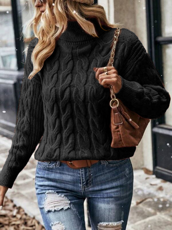 Cable Knit Turtleneck Drop Shoulder Sweater