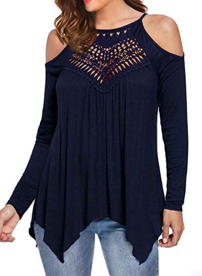 Solid Patchwork Lace Cold Shoulder Long Sleeves Tops