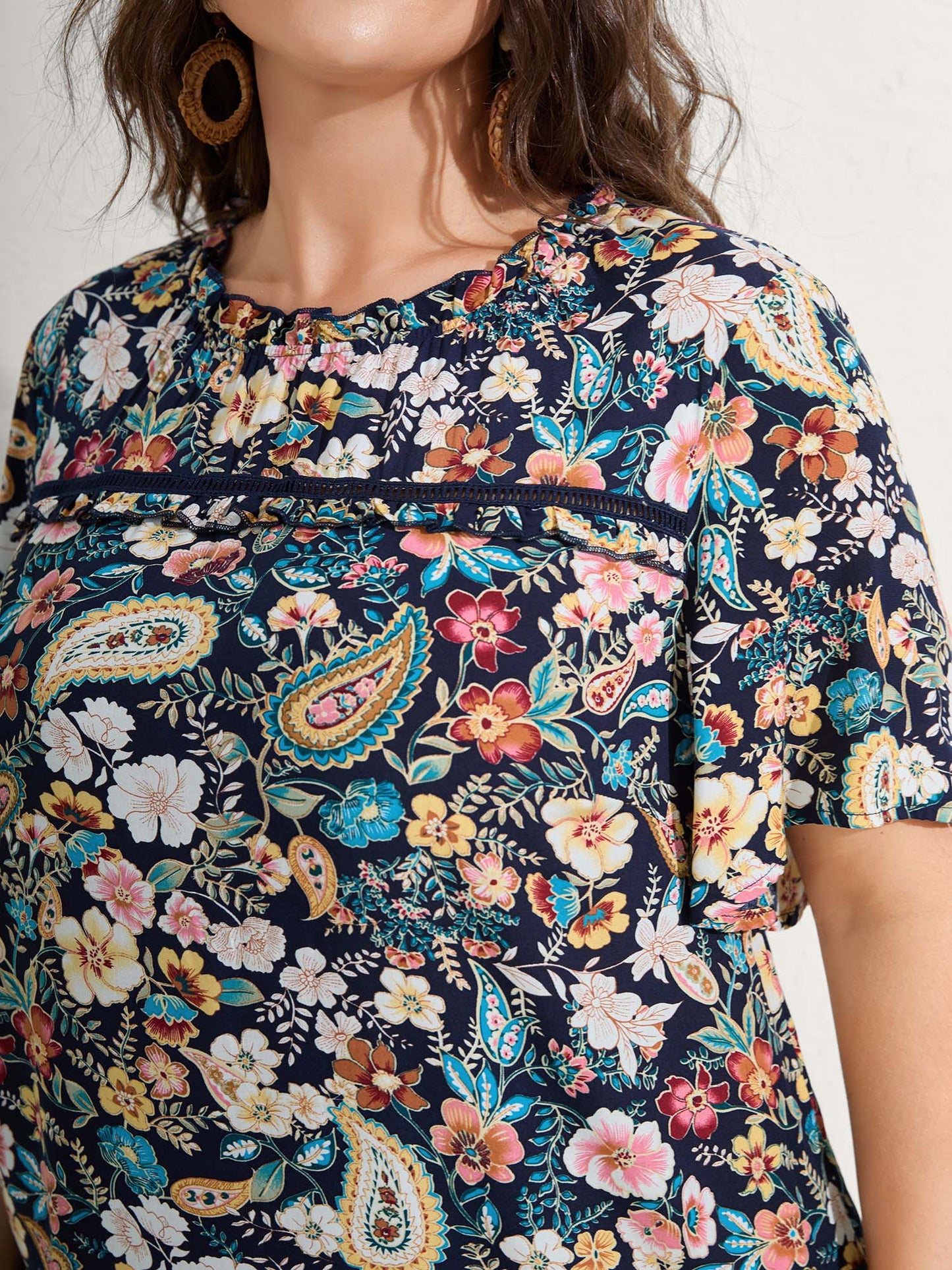 Paisley Print Lace Ruffled Blouse