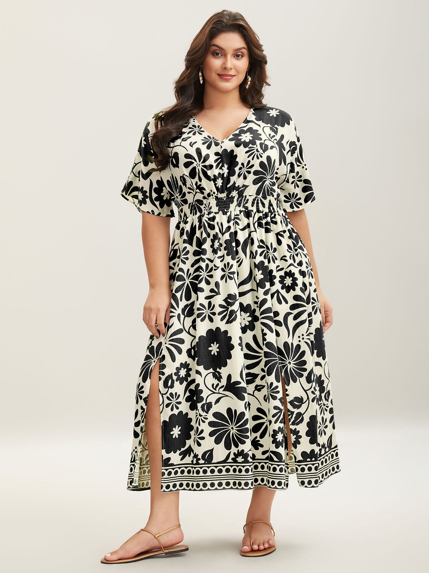 Large Floral Print Pockets Midi Dress