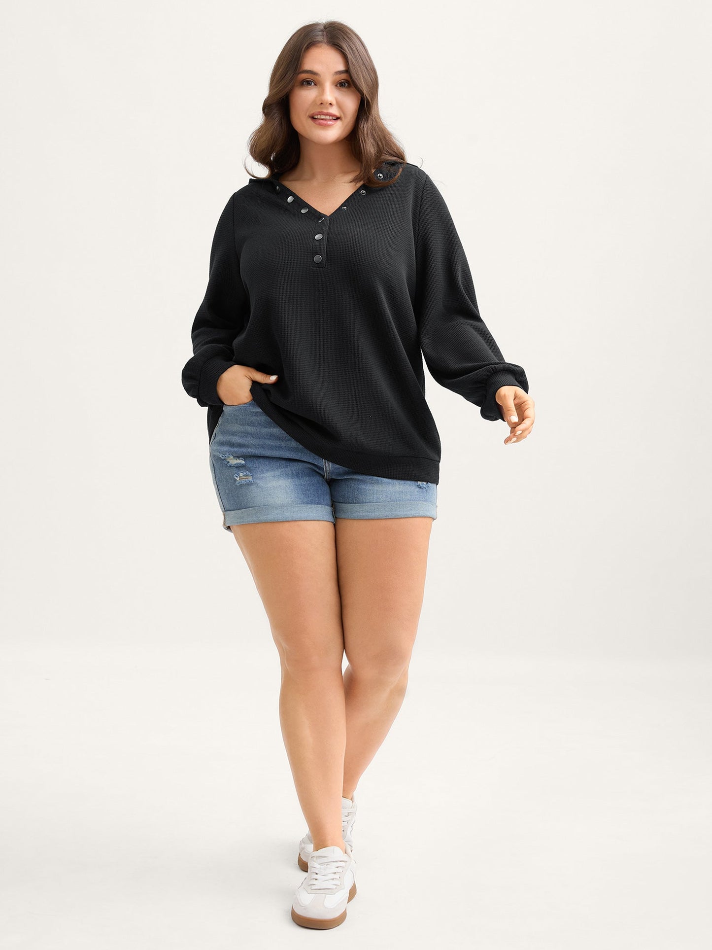 Textured Snap Buttons Hooded Sweatshirt