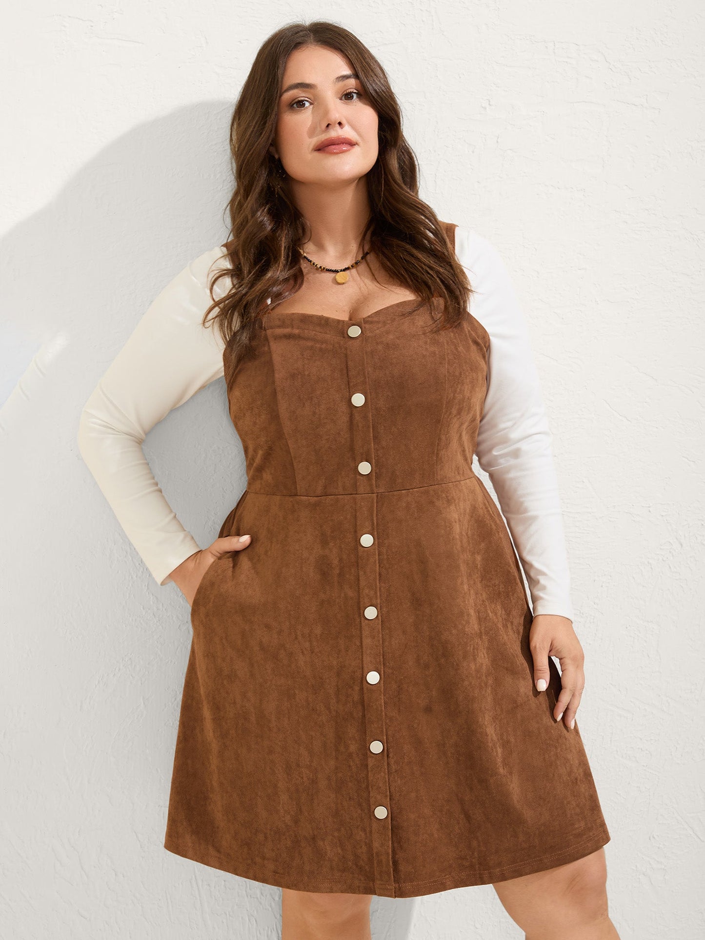 Suede Button Placket Sweetheart Midi Dress