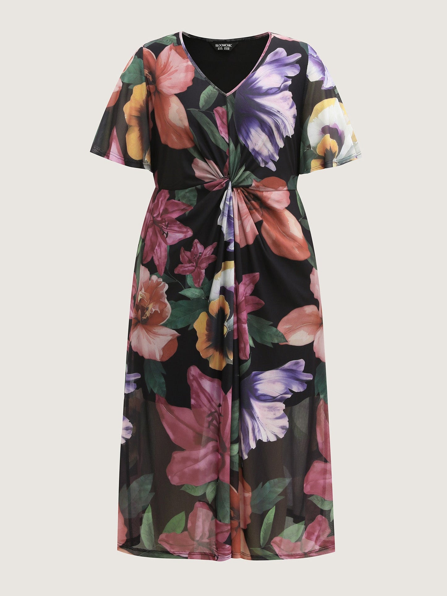 Large Floral Print Twist Front Midi Dress