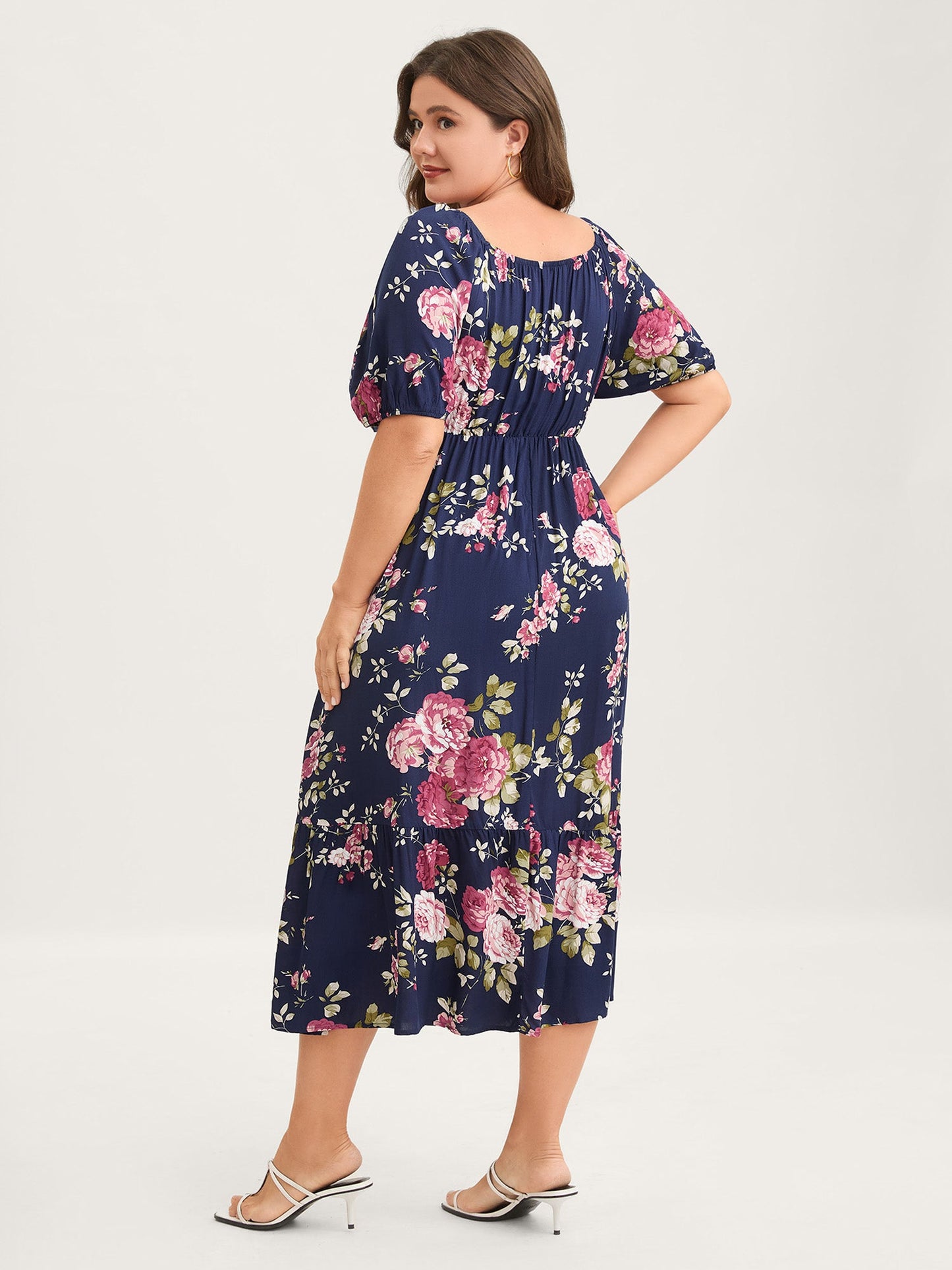 Rosy Print Pleated Bust Ease Midi Dress