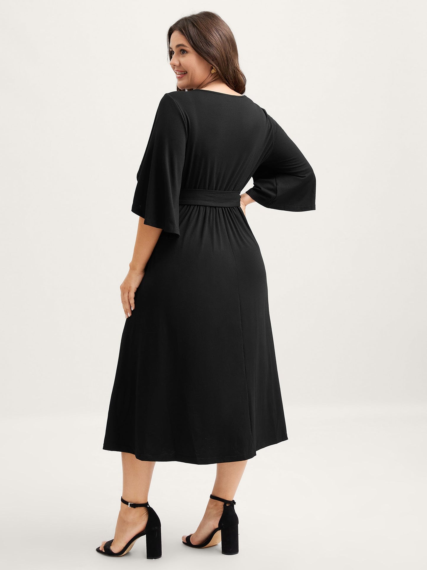 Petal Sleeve Belted Waist-Defining Midi Dress