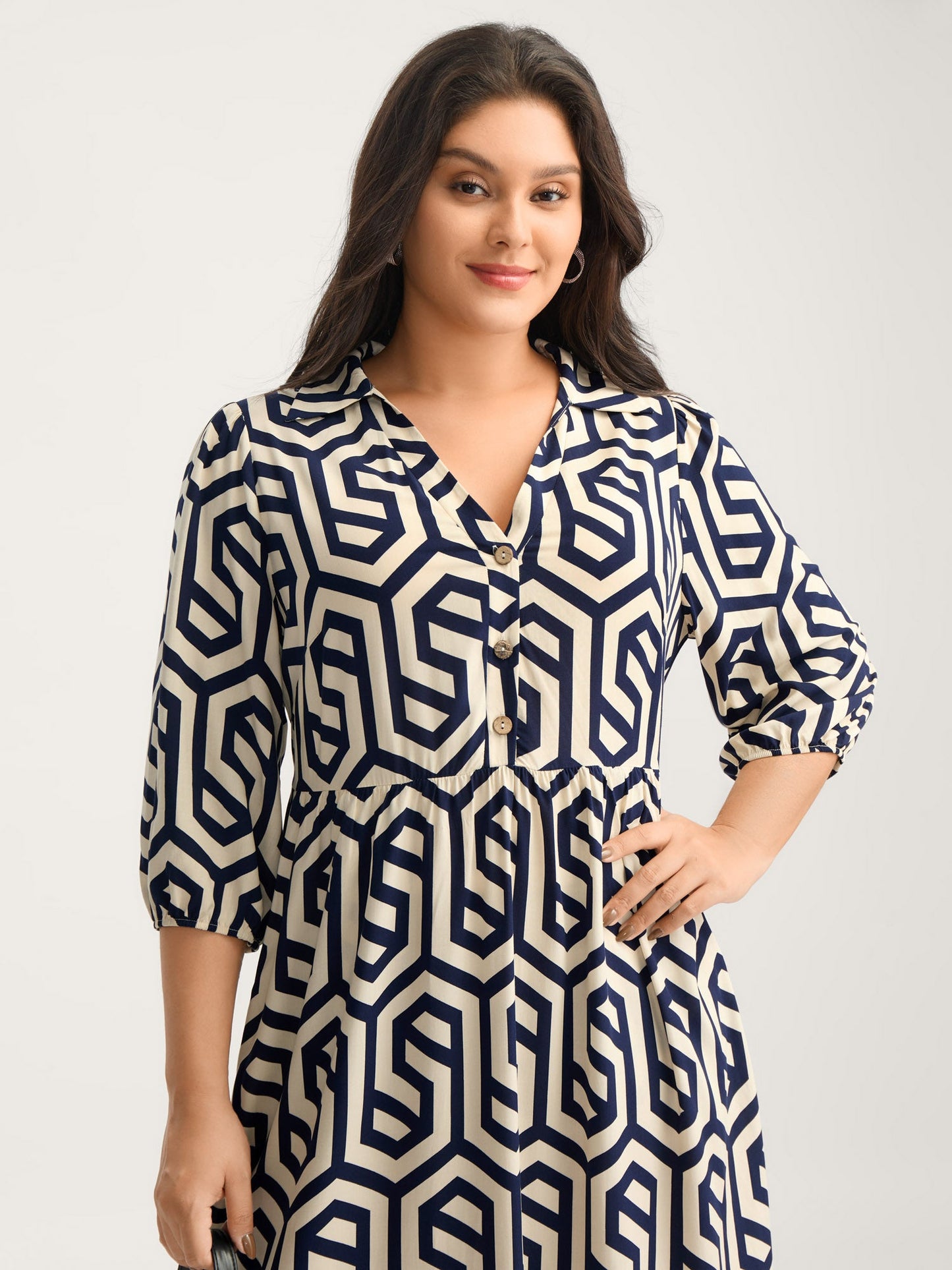 Rayon Geometric Pattern Button Midi Dress