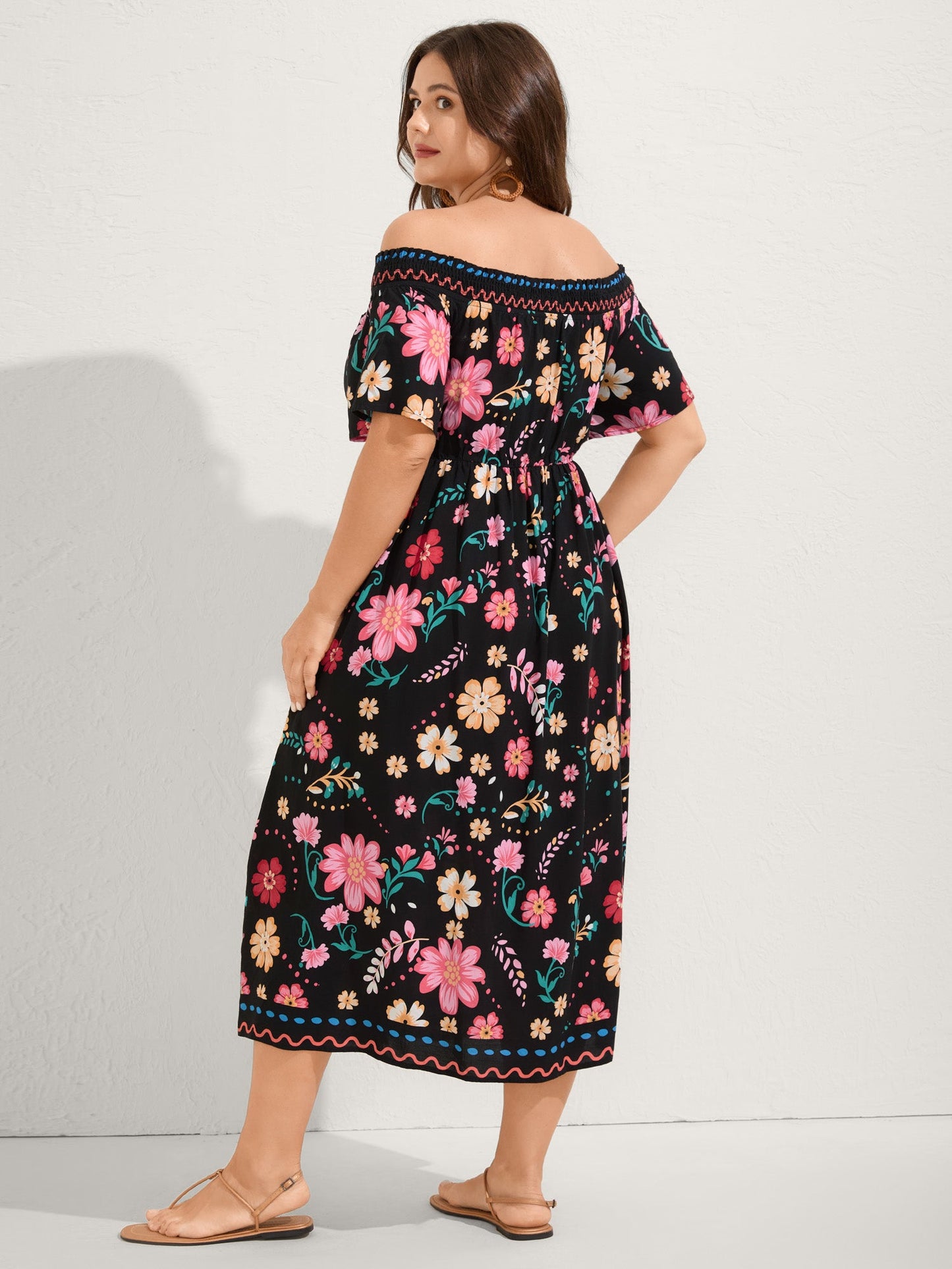 Rayon Floral Shirred Off-Shoulder Midi Dress