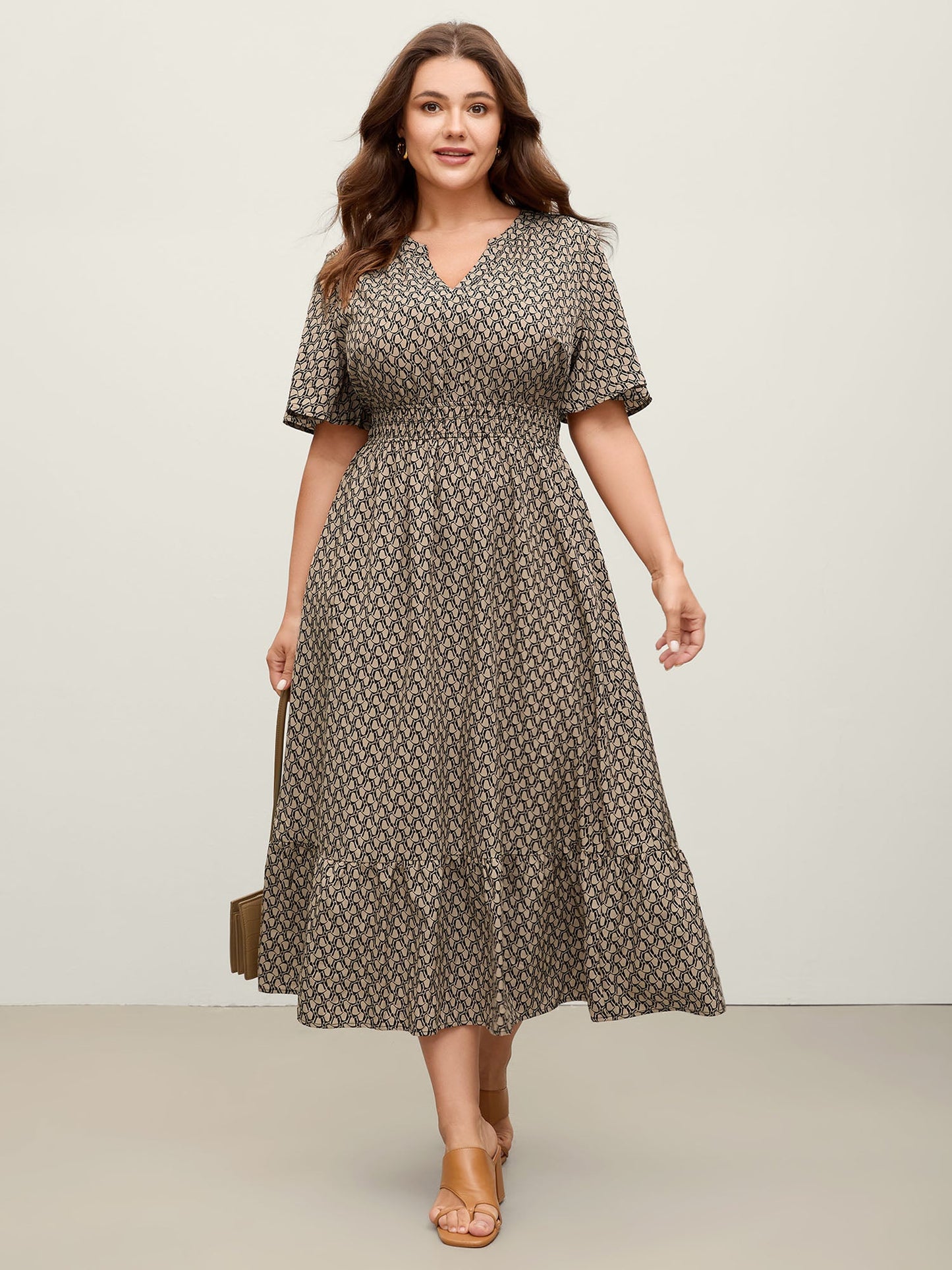Geometric Print Waist-Cinched Tiered Midi Dress
