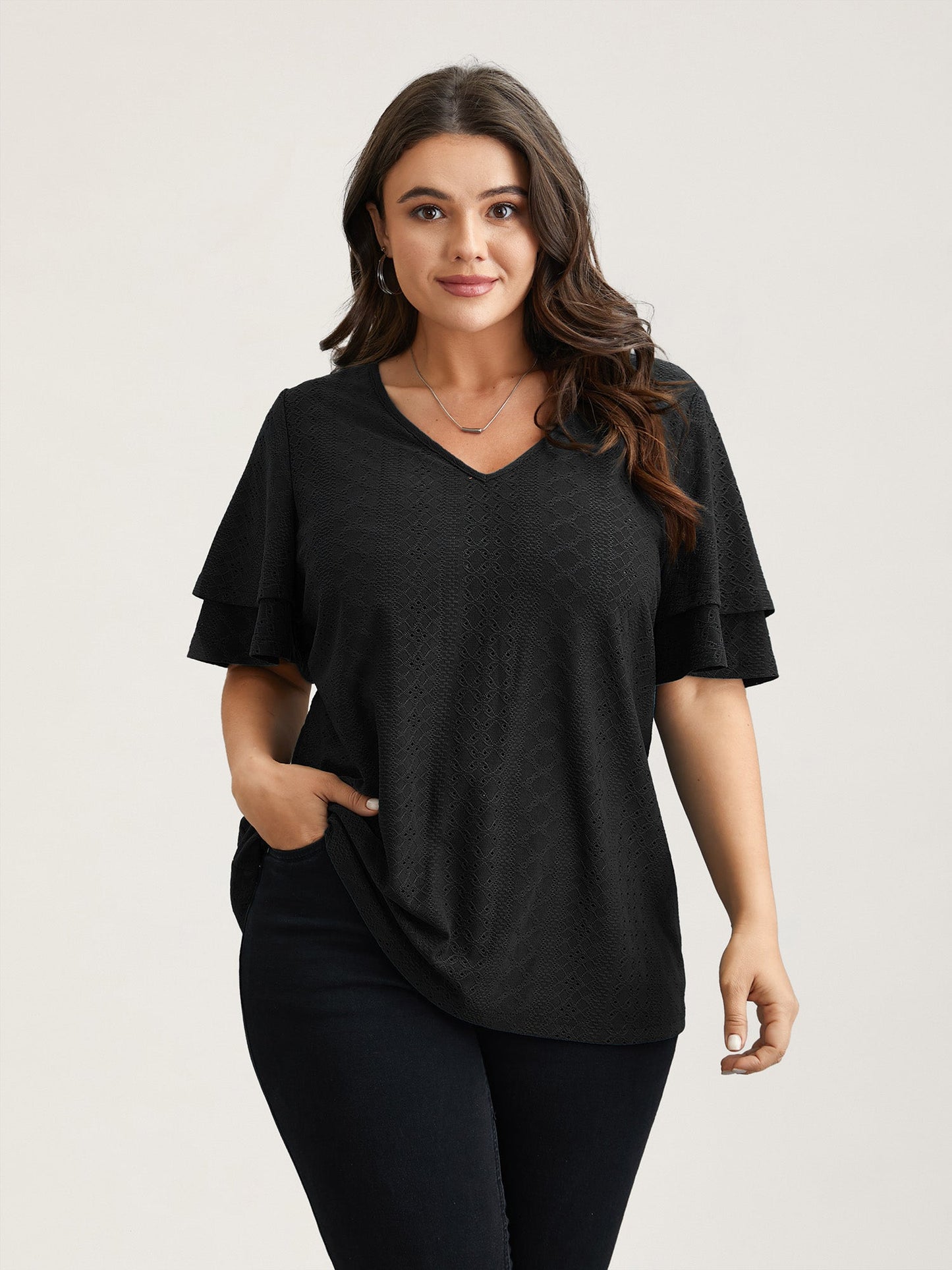 Jacquard Textured Lotus Leaf Sleeve Top