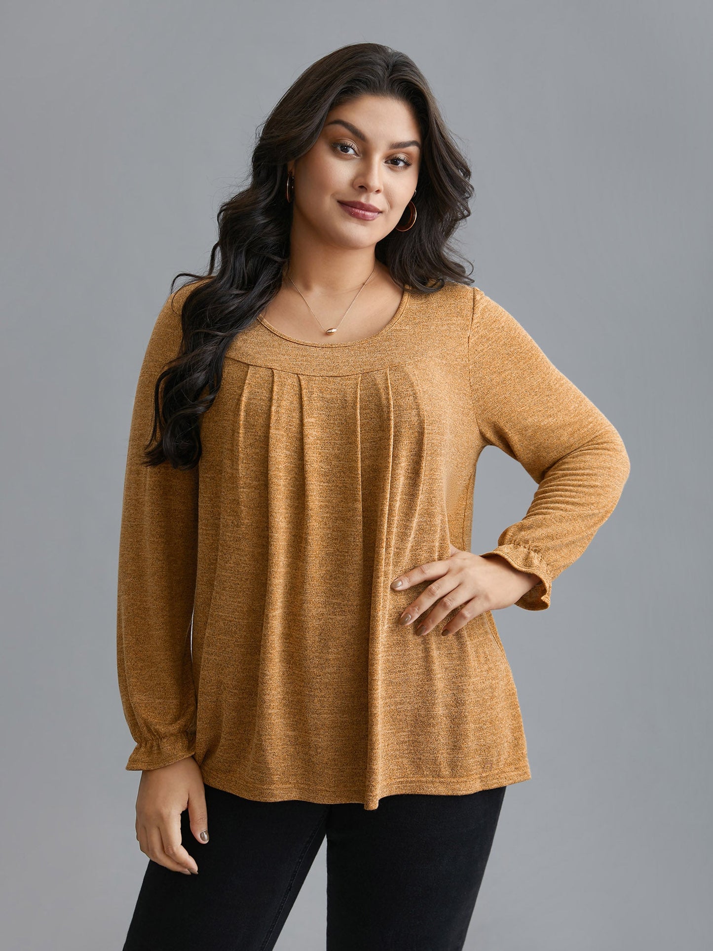 Round Neck Heather Pleated T-shirt