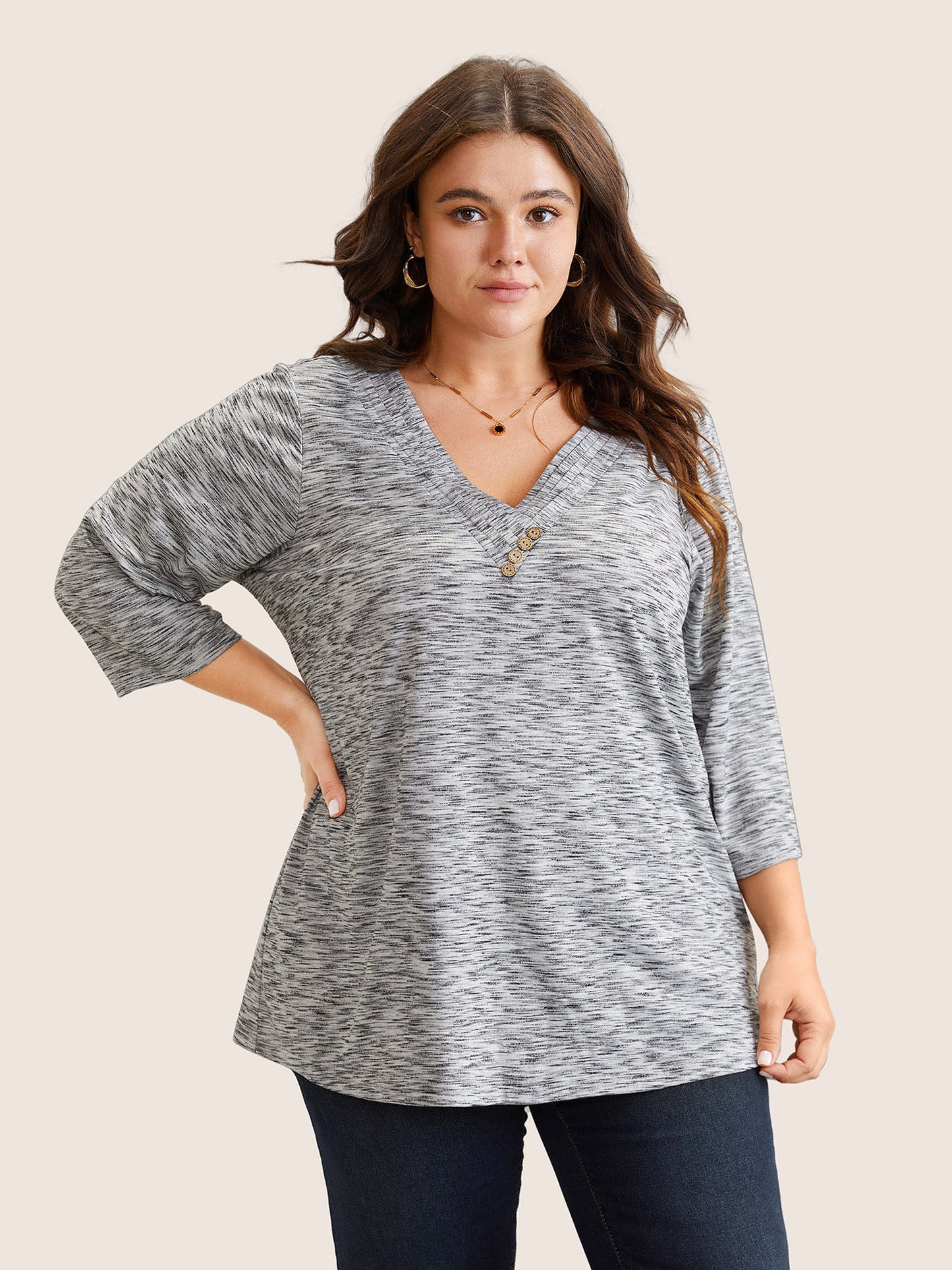 Heather Pleated Button Detail T-shirt