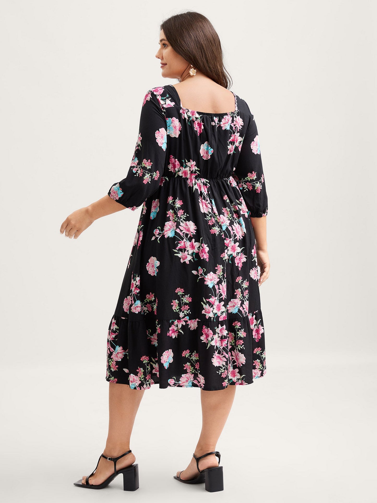 Floral Adjustable Bust Drawstring Midi Dress