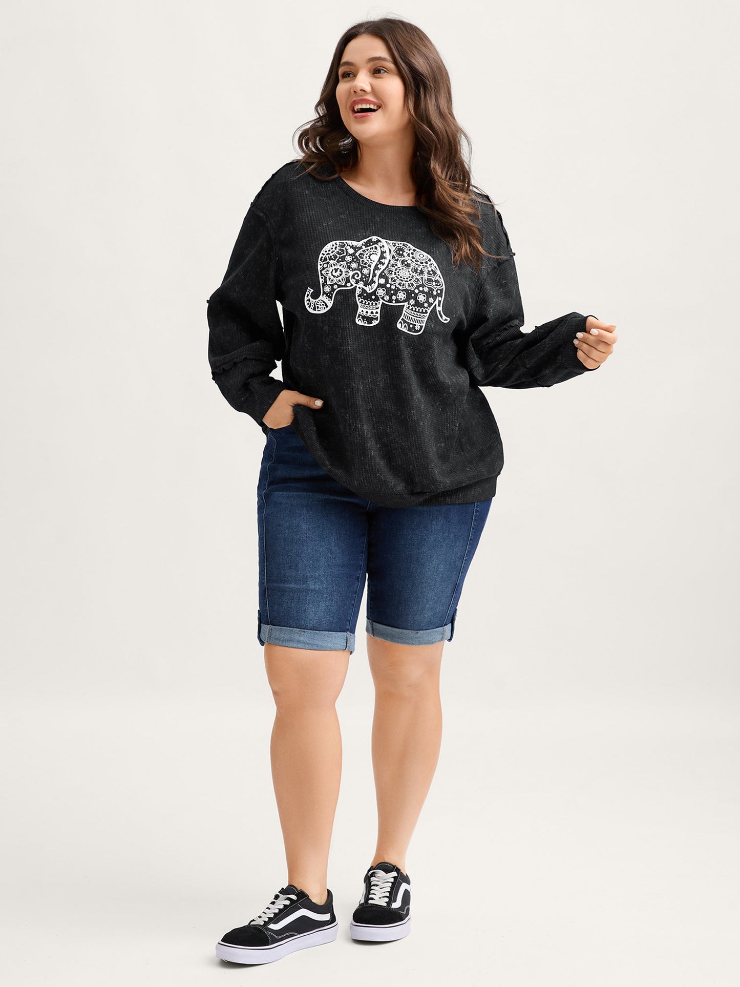 Vintage Elephant Motif Waffle Woven Sweatshirt