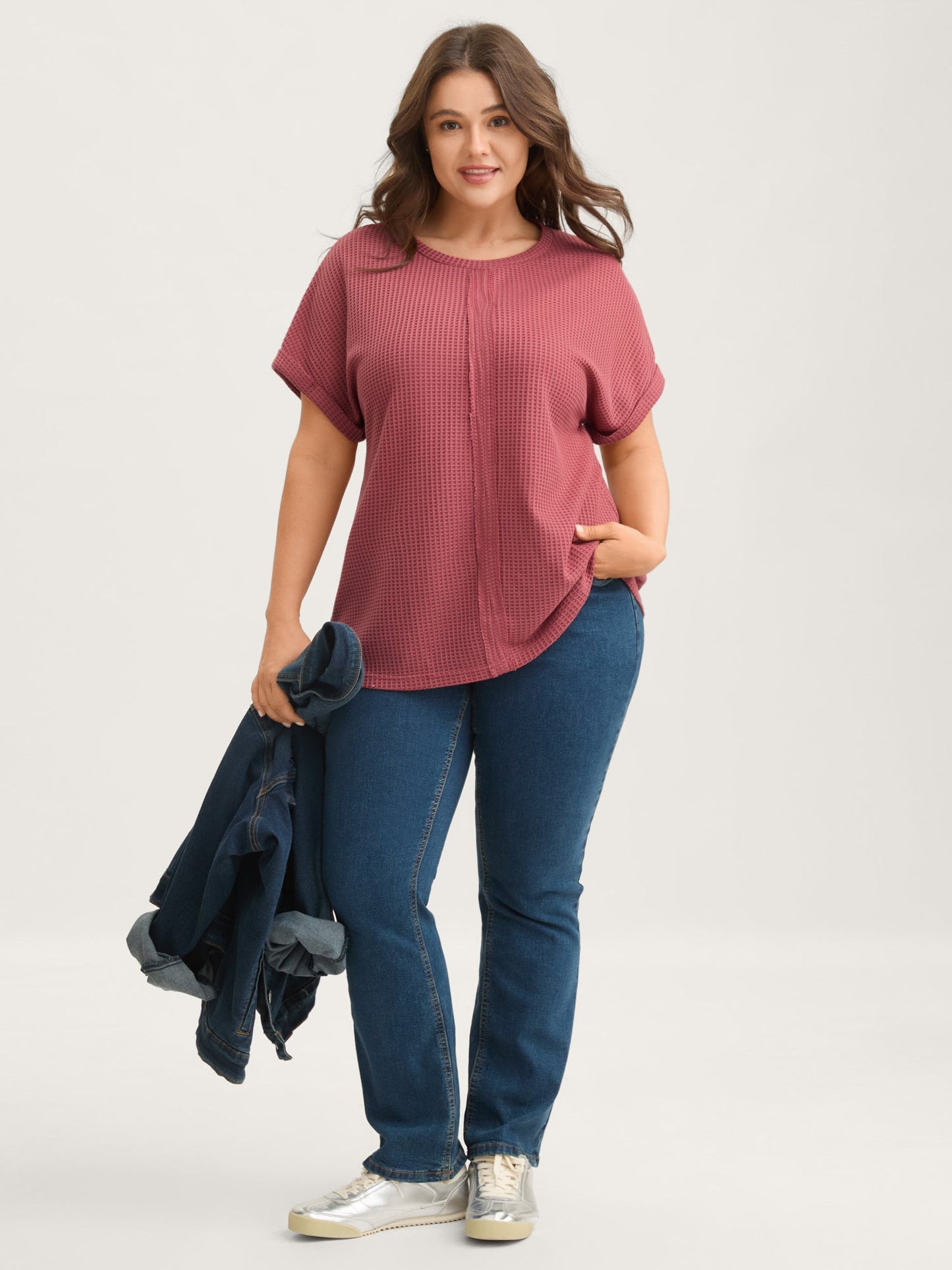 Waffle Seamed Front Solid T-Shirt