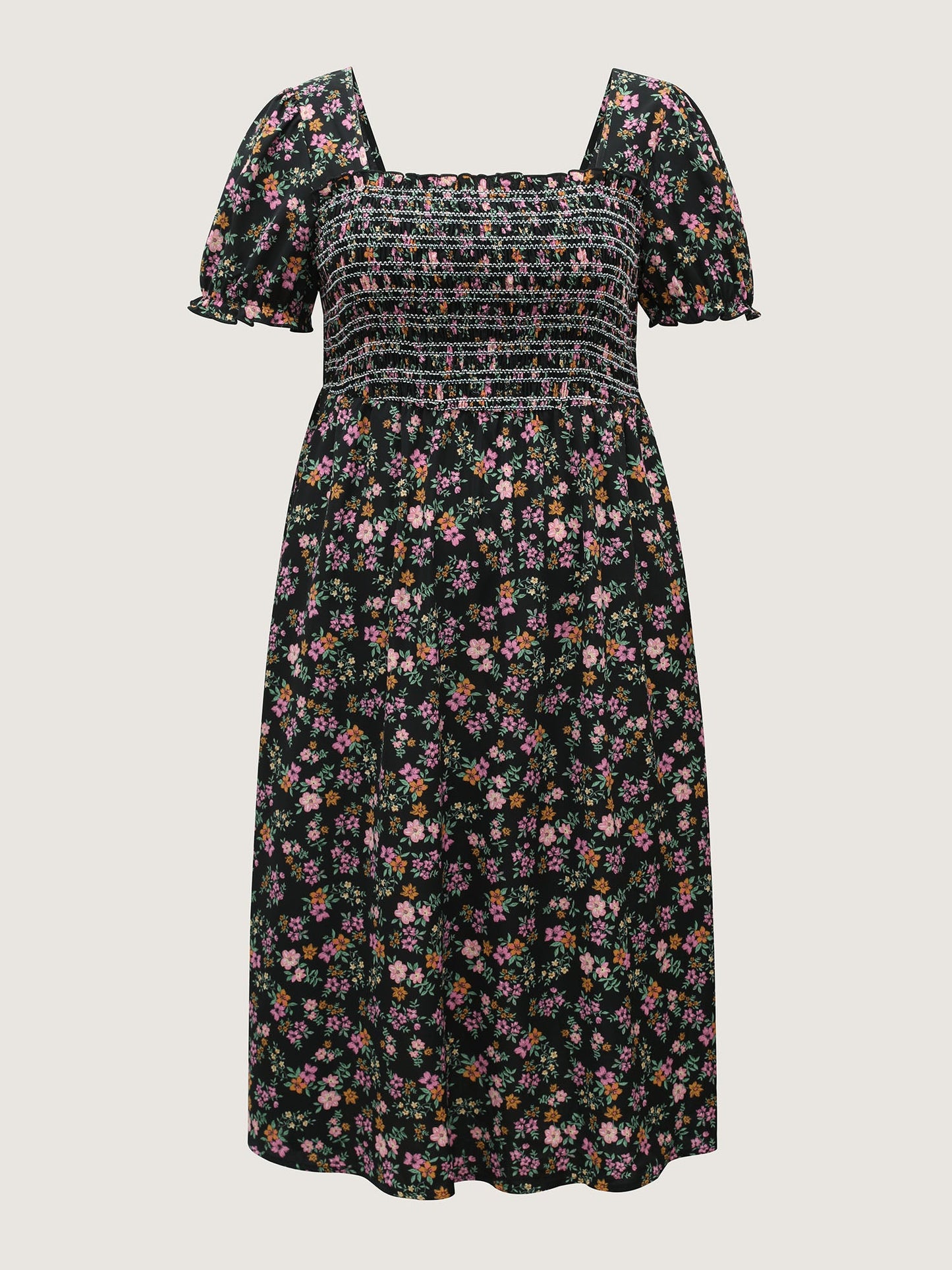 Floral Shirred Bodice Contrast Midi Dress