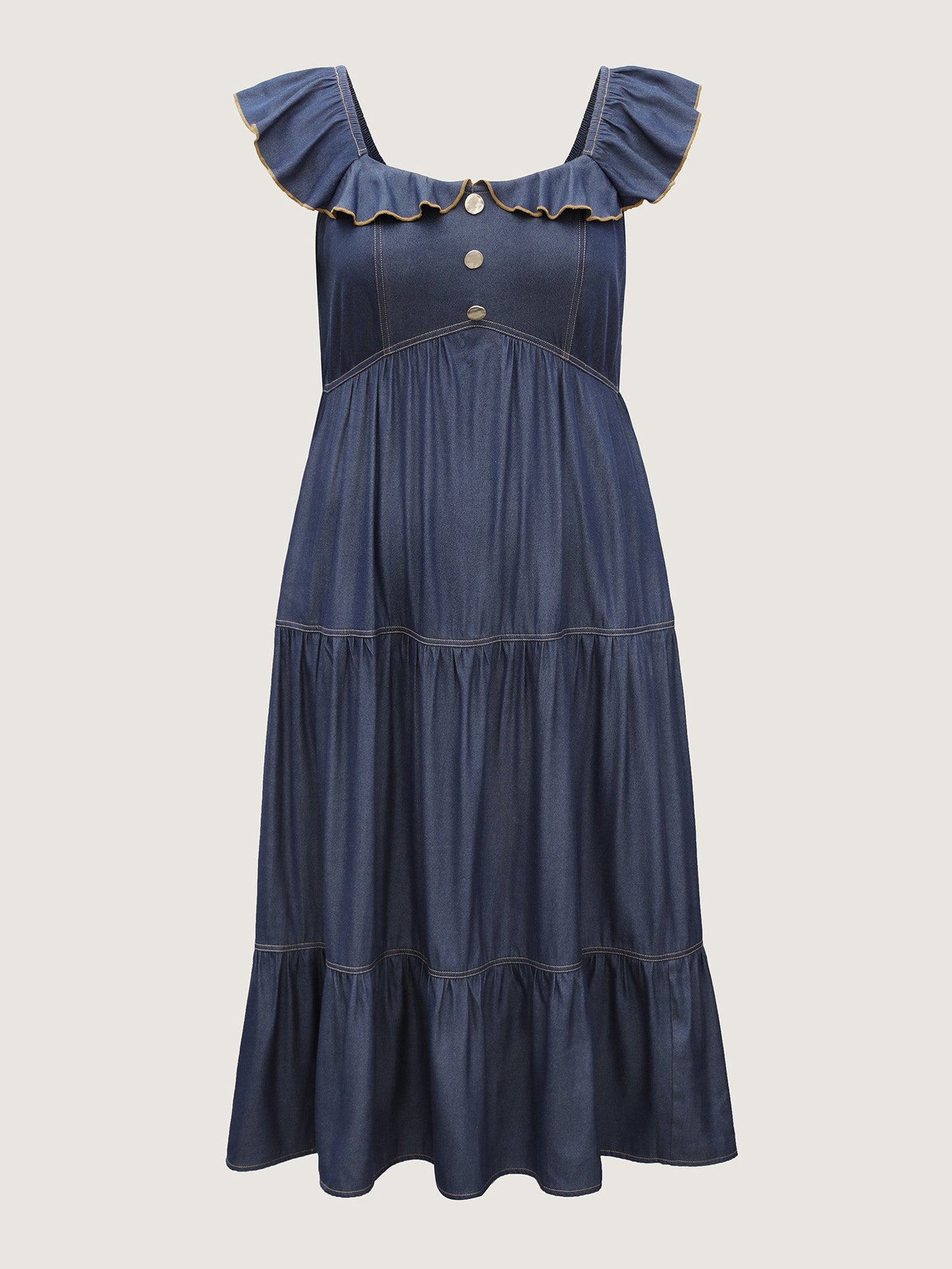 Denim-Like Ruffled Tiered Midi Dress