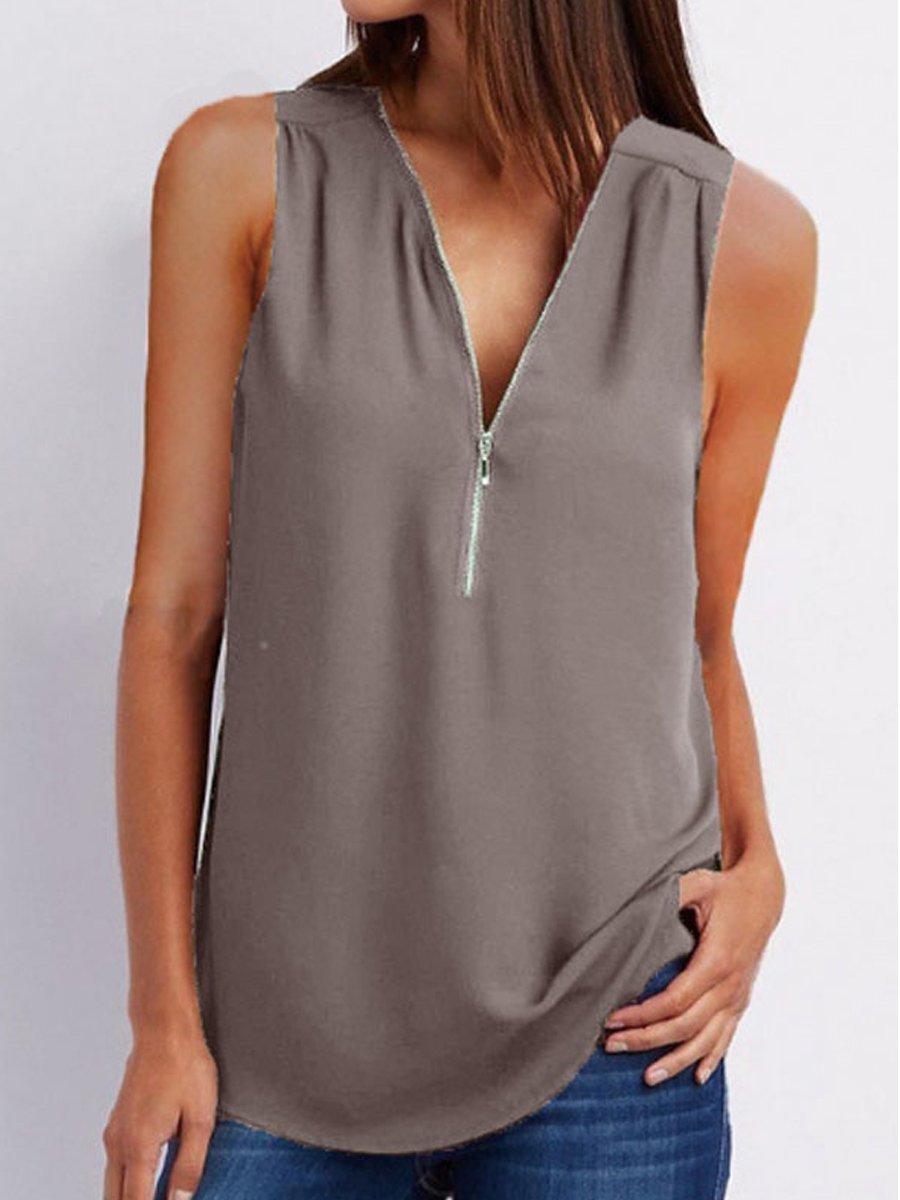 V-Neck Zips Plain Sleeveless Tops