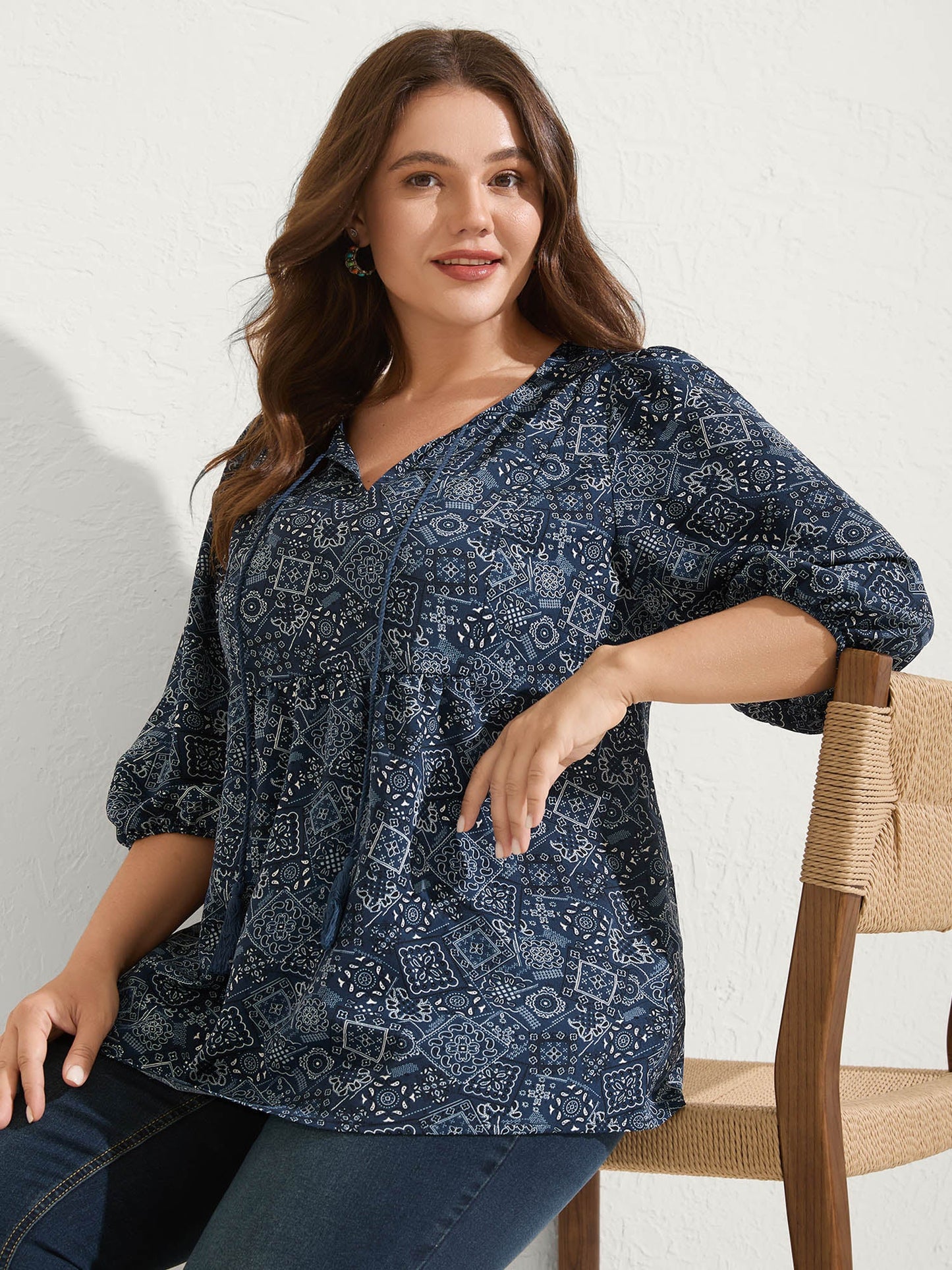 Boho Print Neck Tie Lantern Sleeve Blouse