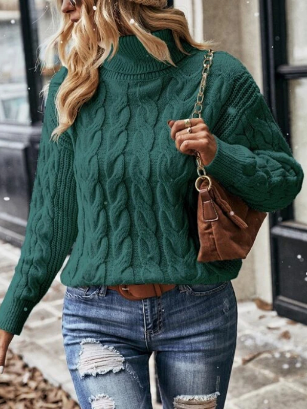 Cable Knit Turtleneck Drop Shoulder Sweater