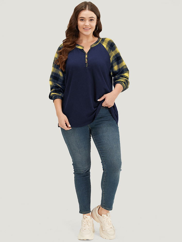Plaid Patchwork Notched Button Detail Sweatshirt