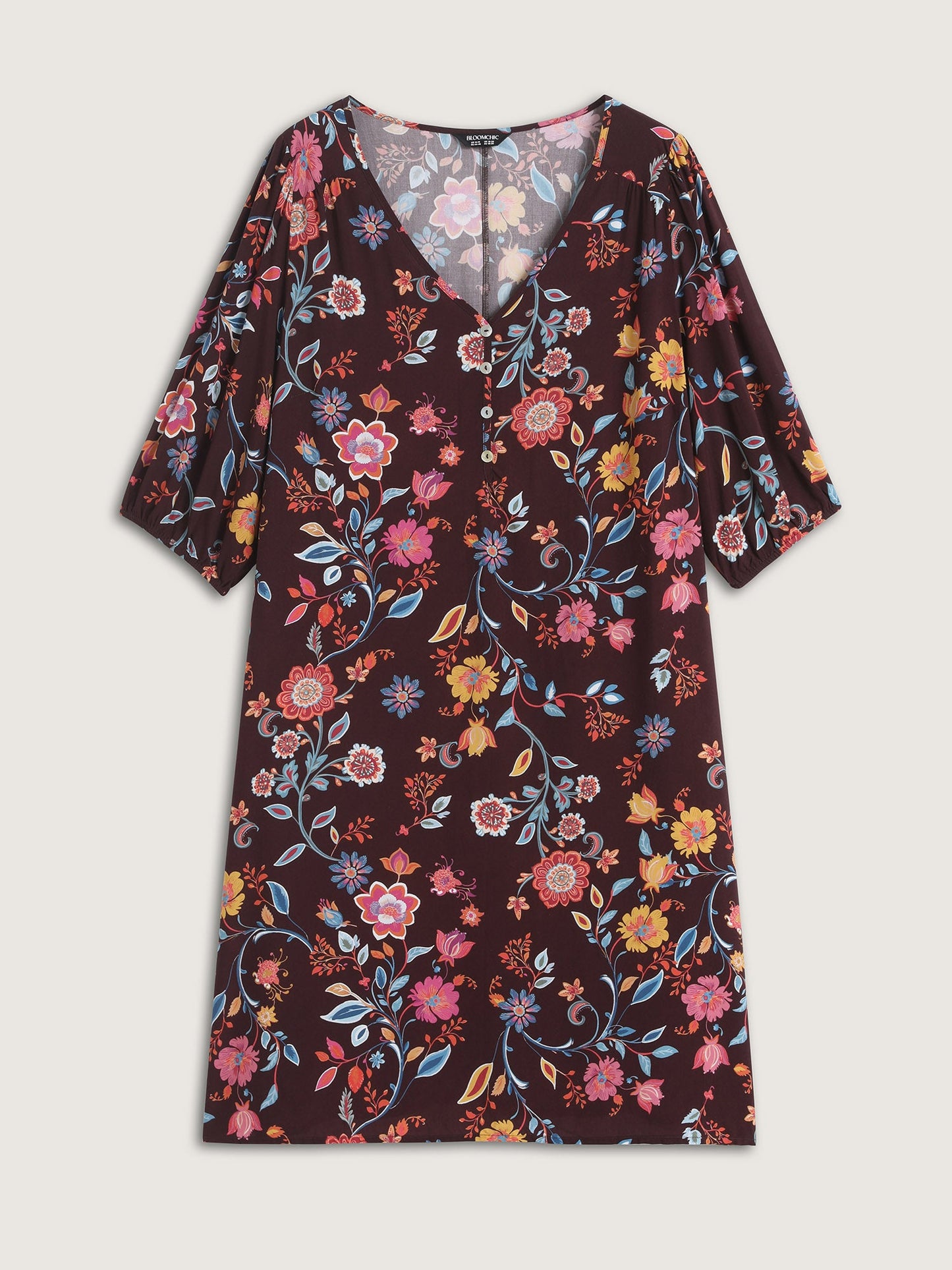 Rayon Boho Floral Placket Midi Dress