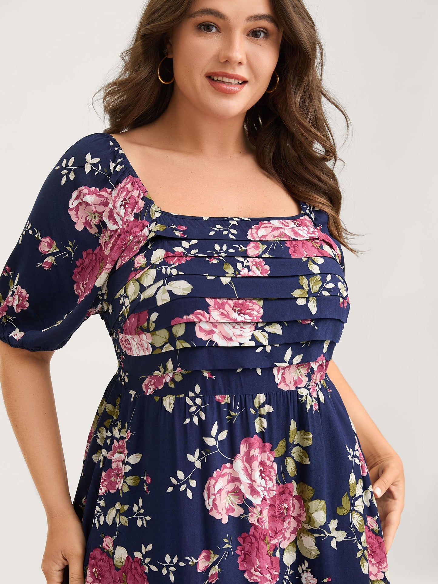 Rosy Print Pleated Bust Ease Midi Dress