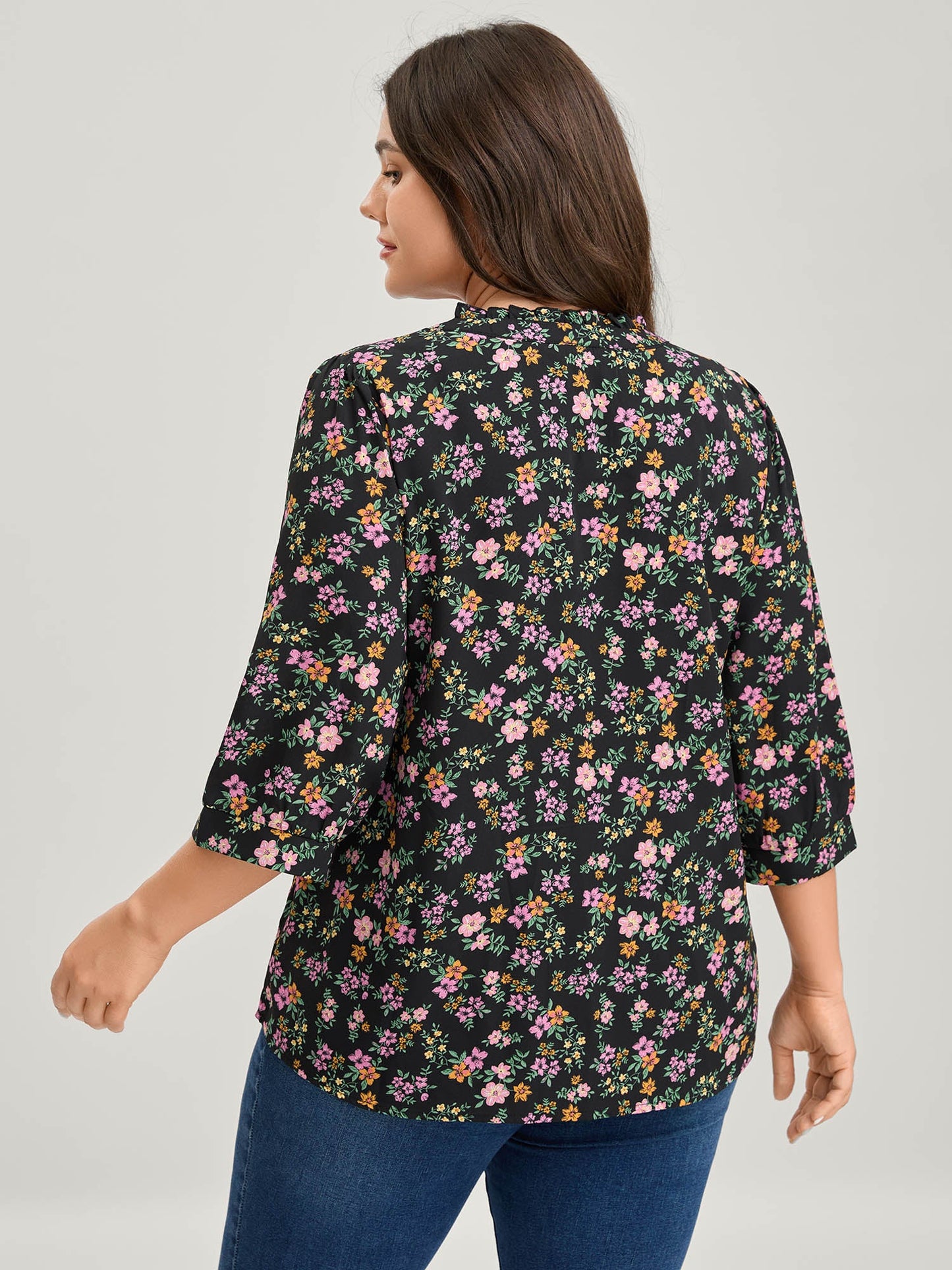 Floral Print Ruffled Neckline Flowy Blouse