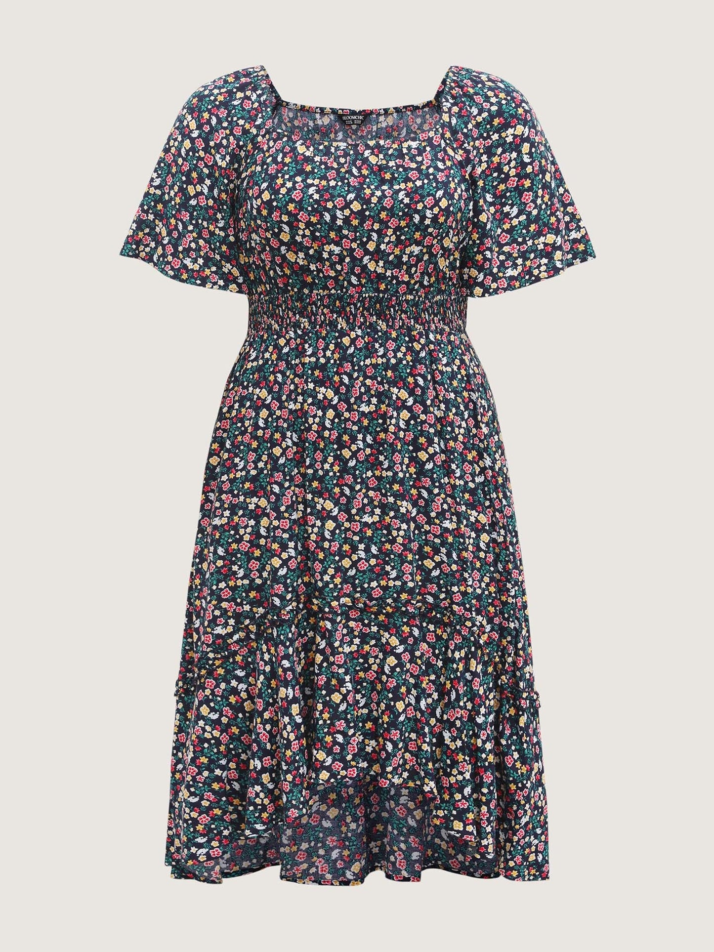 Micro Floral Shirred Asymmetrical Midi Dress