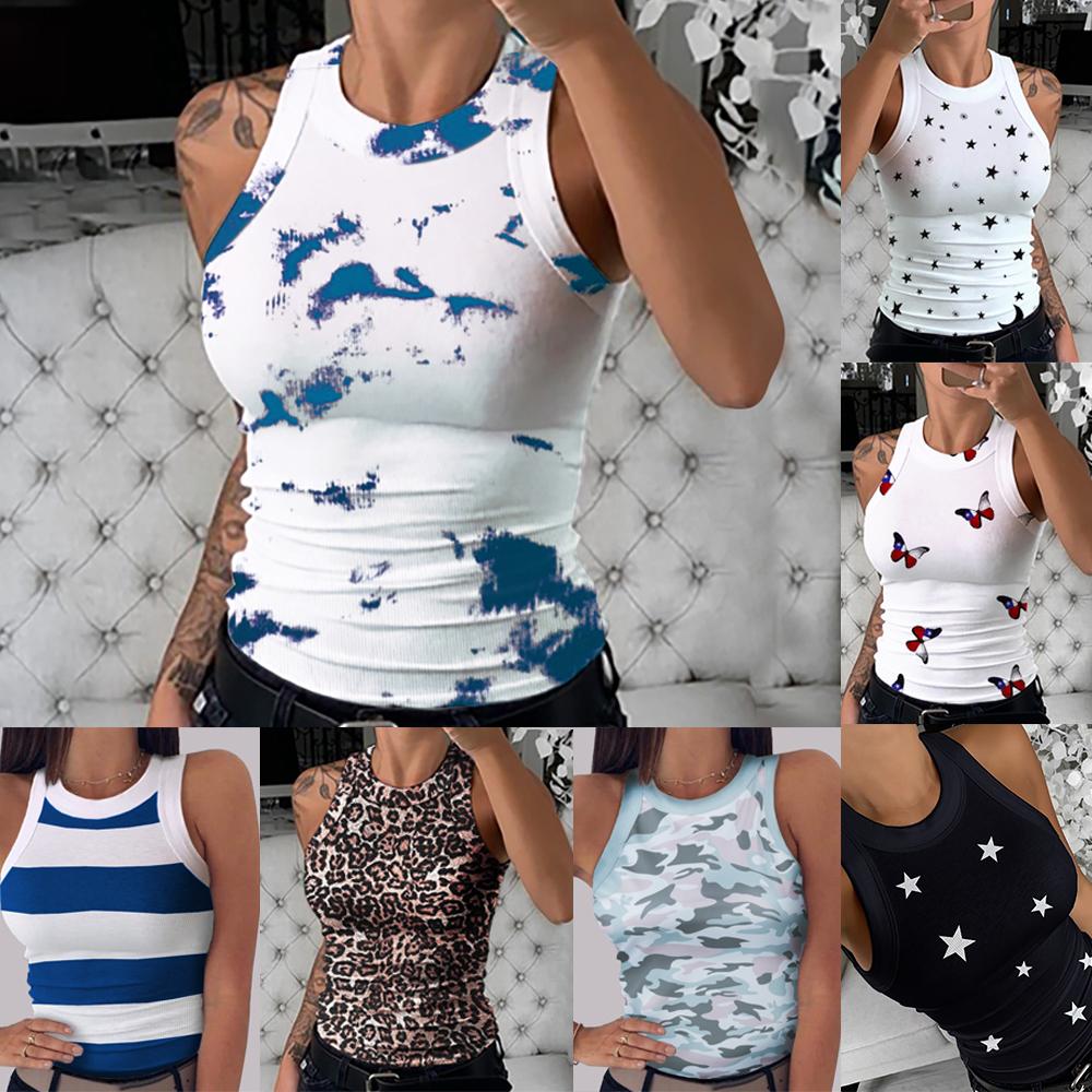 Printed Round Neck Sleeveless Lounging Vest Holiday Casual Tops