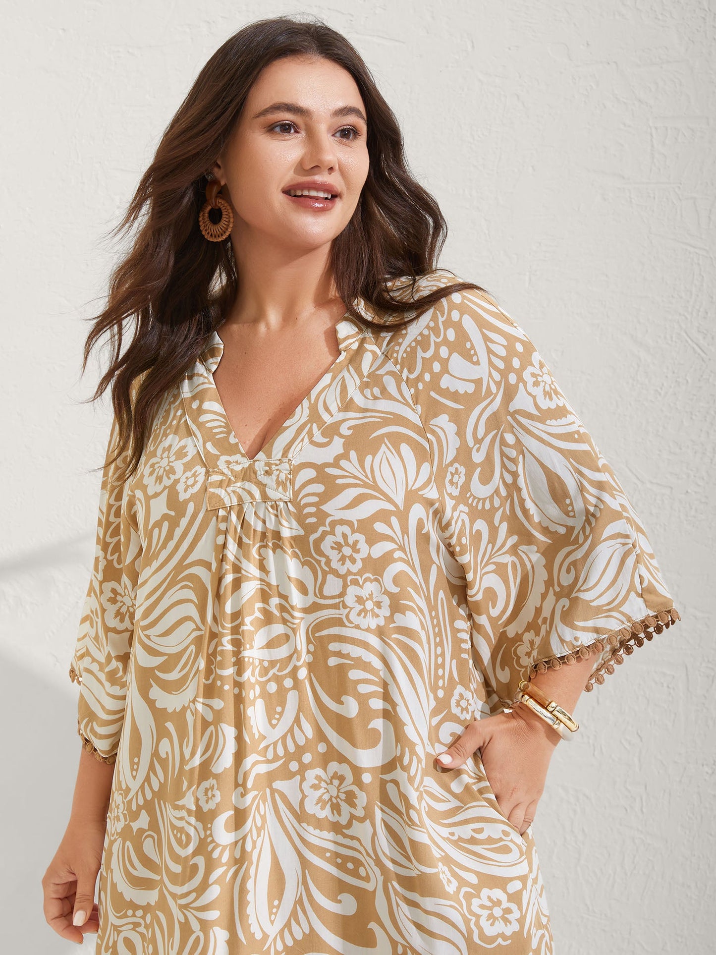 Paisley Print Notched Collar Lace Midi Dress