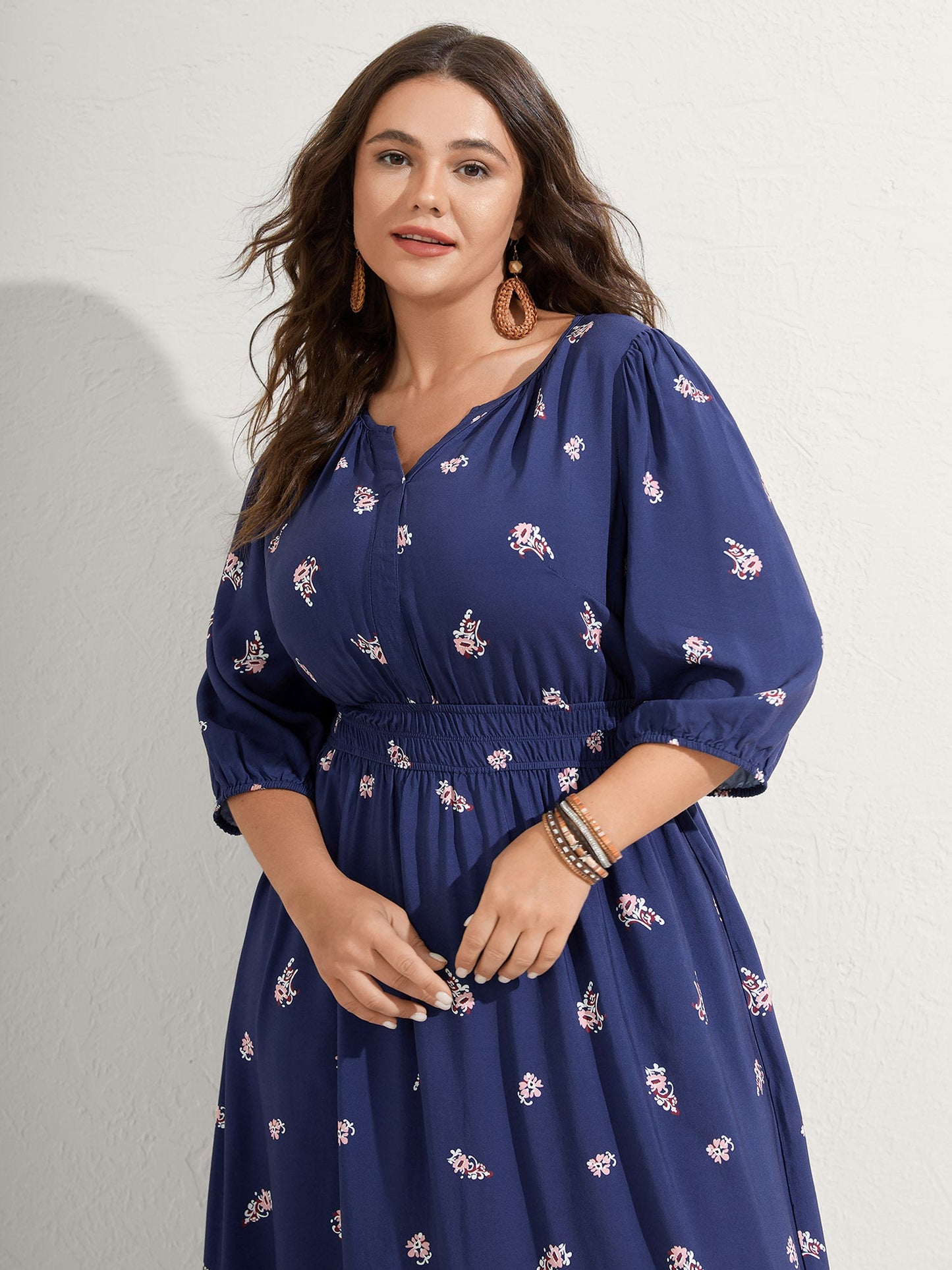 Paisley Print Shirred Waist Midi Dress