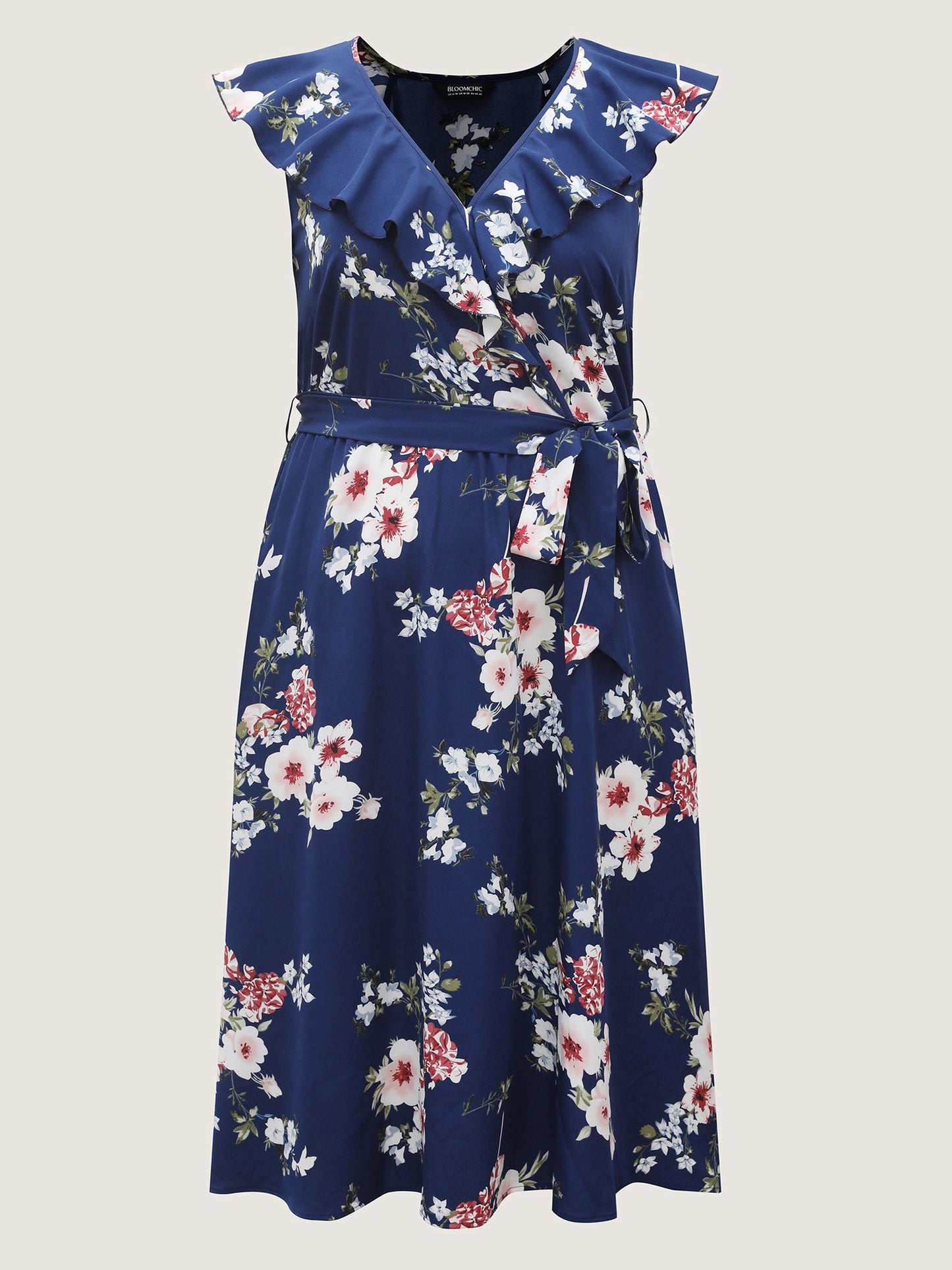 Floral Belted Waist Ruffled Pockets Midi Dress